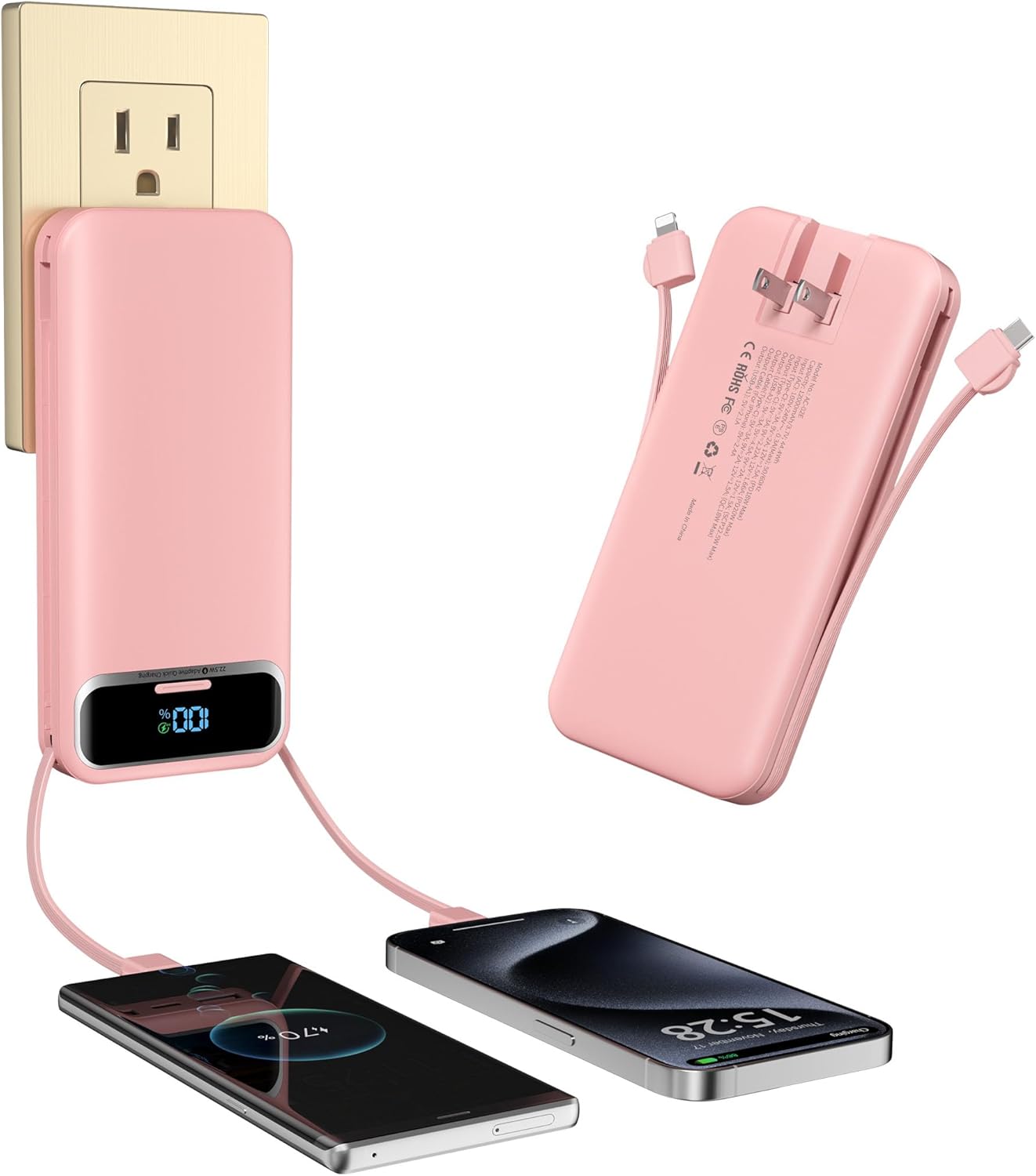 Transportable-Charger Energy-Financial institution with Constructed-in Cables & AC Wall Plug – 12000mAh PD 20W Quick Charging for iPhone,Samsung,Android, USB-C,Rechargeable Exterior Battery Pack for Cell Telephone,Sort C,Journey Pink