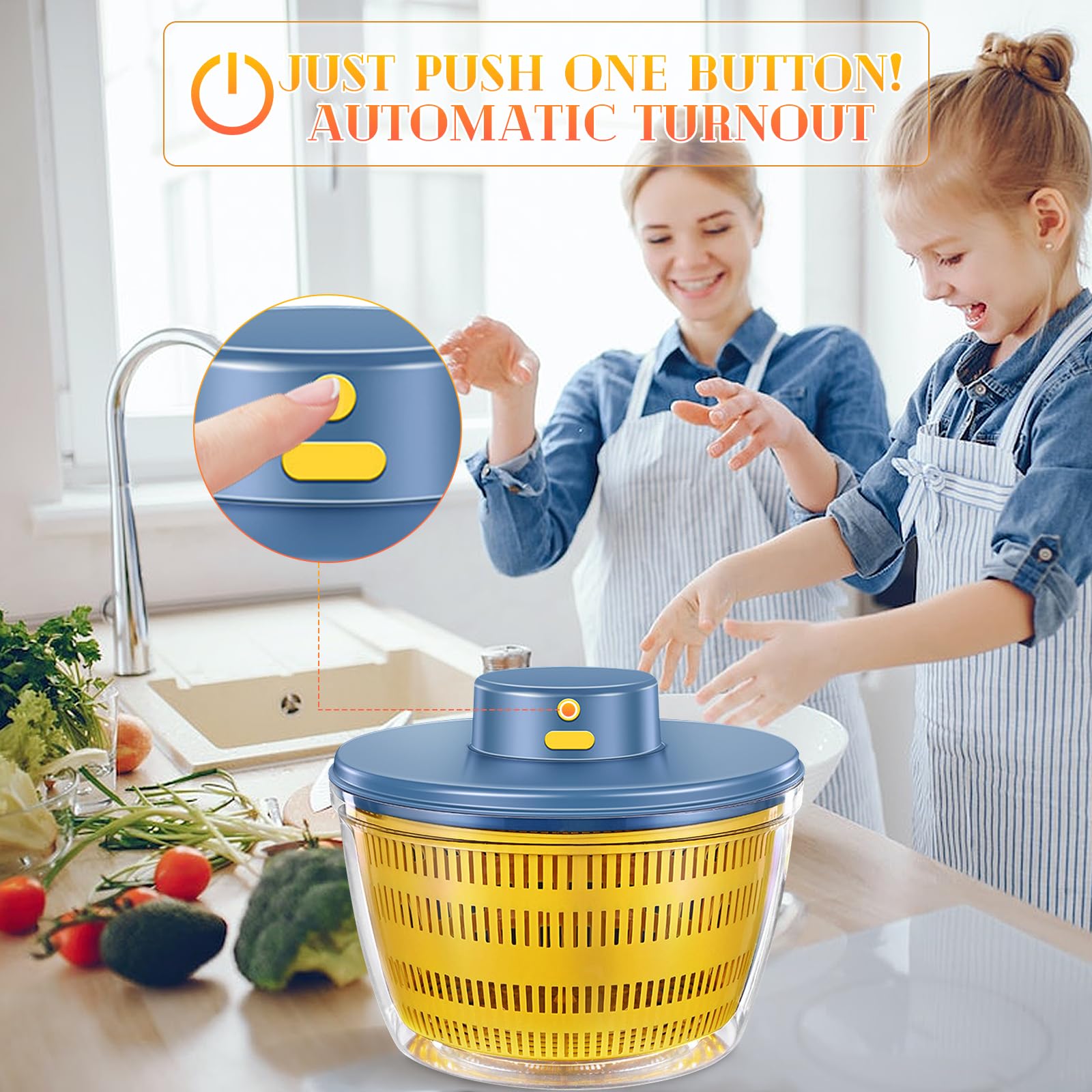 Centrifuga elettrica per insalata, 4 l, grande capacità, per frutta e verdura, centrifuga elettrica USB, centrifuga per insalata e lattuga, automatico, compatto, per la cucina di casa (blu)