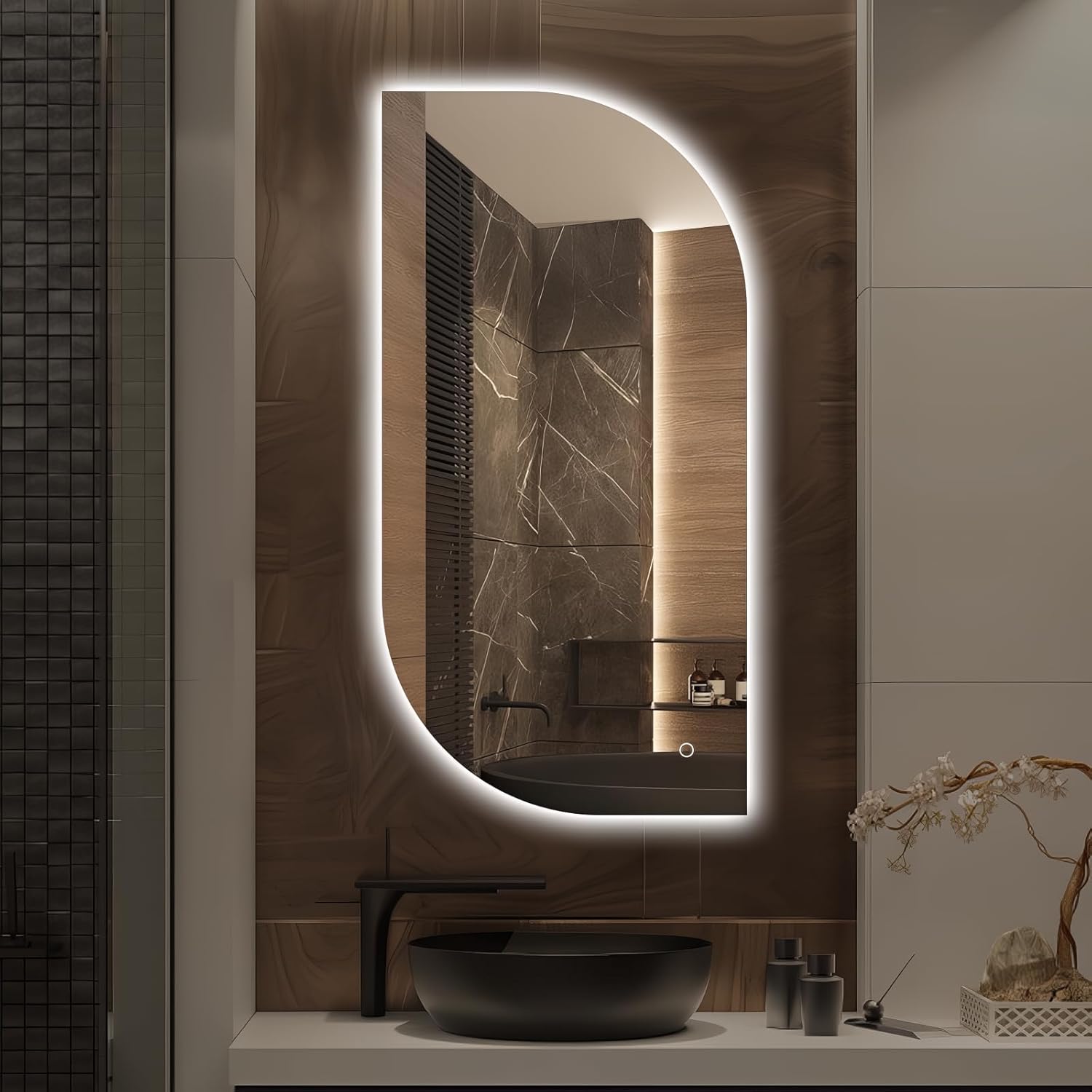 LED Bathroom Mirror with Lights, 40x20 Inch Leaf LED Backlit Mirror Irregular, Anti-Fog, Dimmable Light, Asymmetrical Vanity Mirror for Makeup, UL Listed, Room Decor for Bedroom Horizontal/Vertical