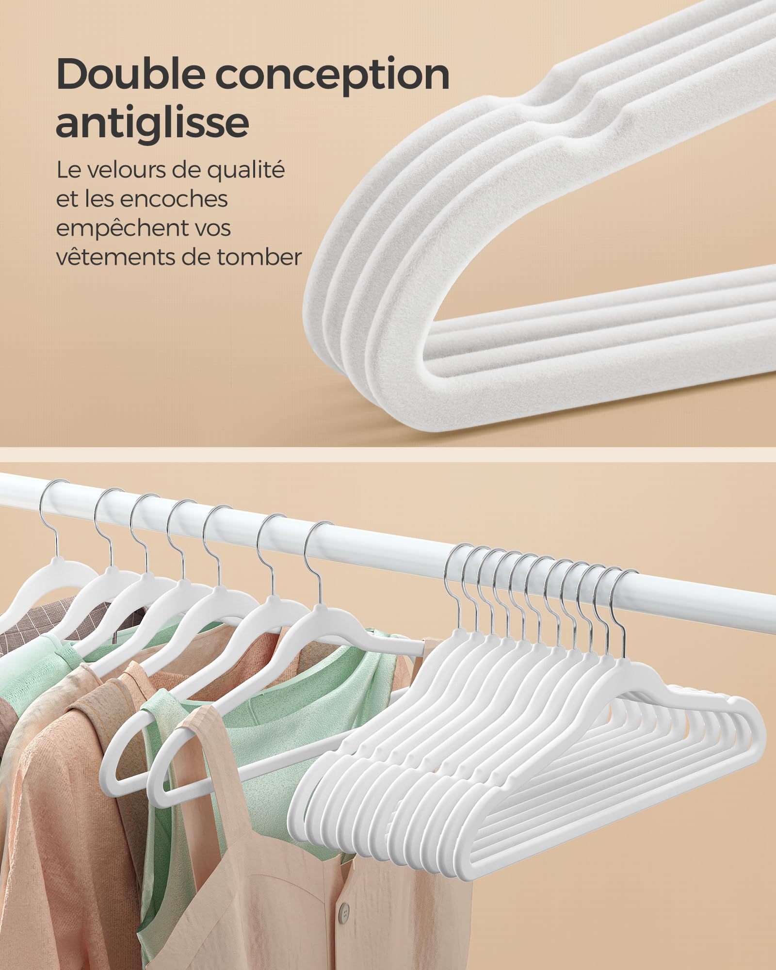 SONGMICS Lot de 20 Cintres Velours Adulte, Longueur 41,5 cm, Fins, Grande Capacité de Charge, avec Crochets Pivotants à 360°, pour Manteaux, Chemises, Blanc et Argent CRF026W20 - 4