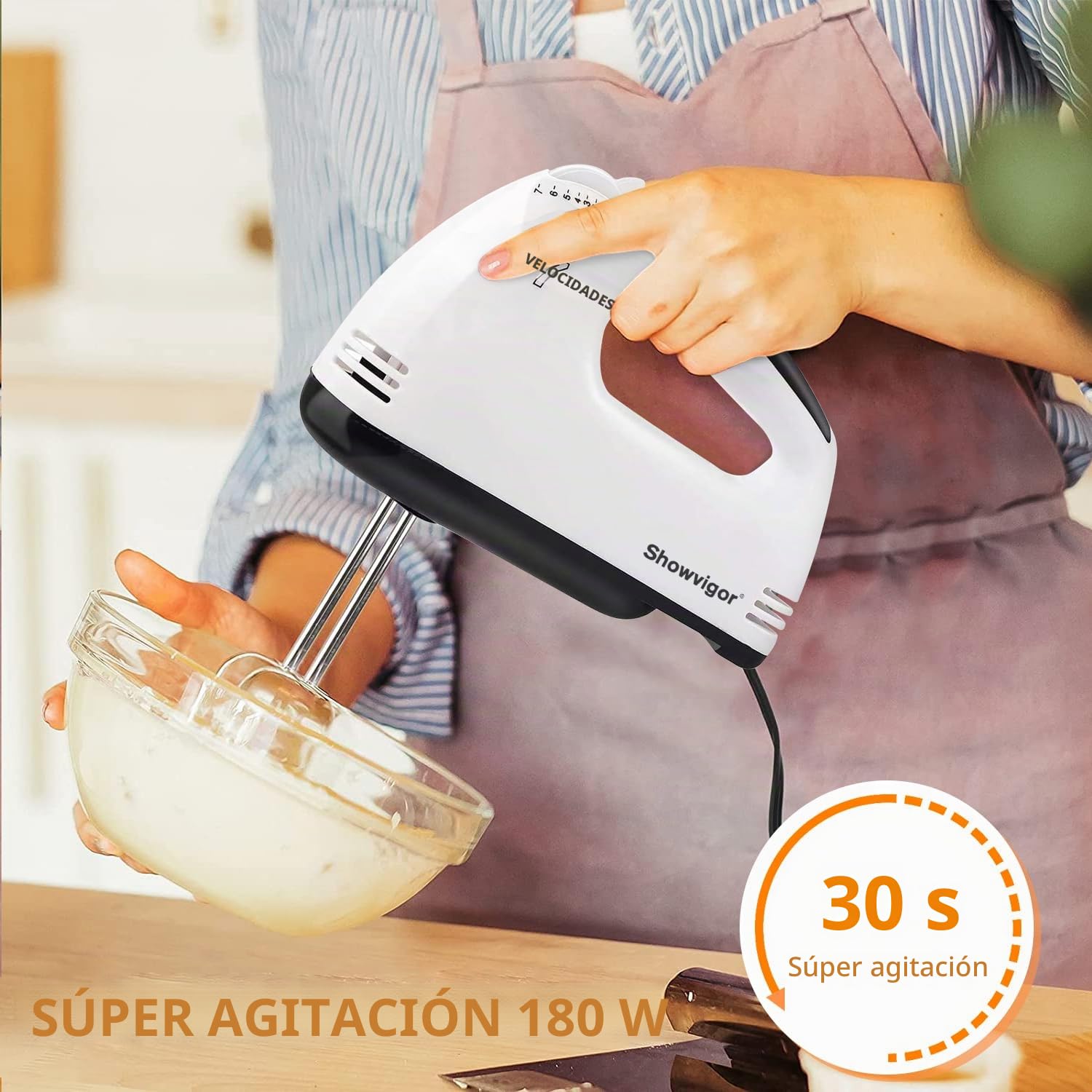 Batidora eléctrica de mano, 7 niveles, incluye 2 varillas, 2 ganchos amasadores de acero inoxidable, 1 varilla, apta para lavavajillas