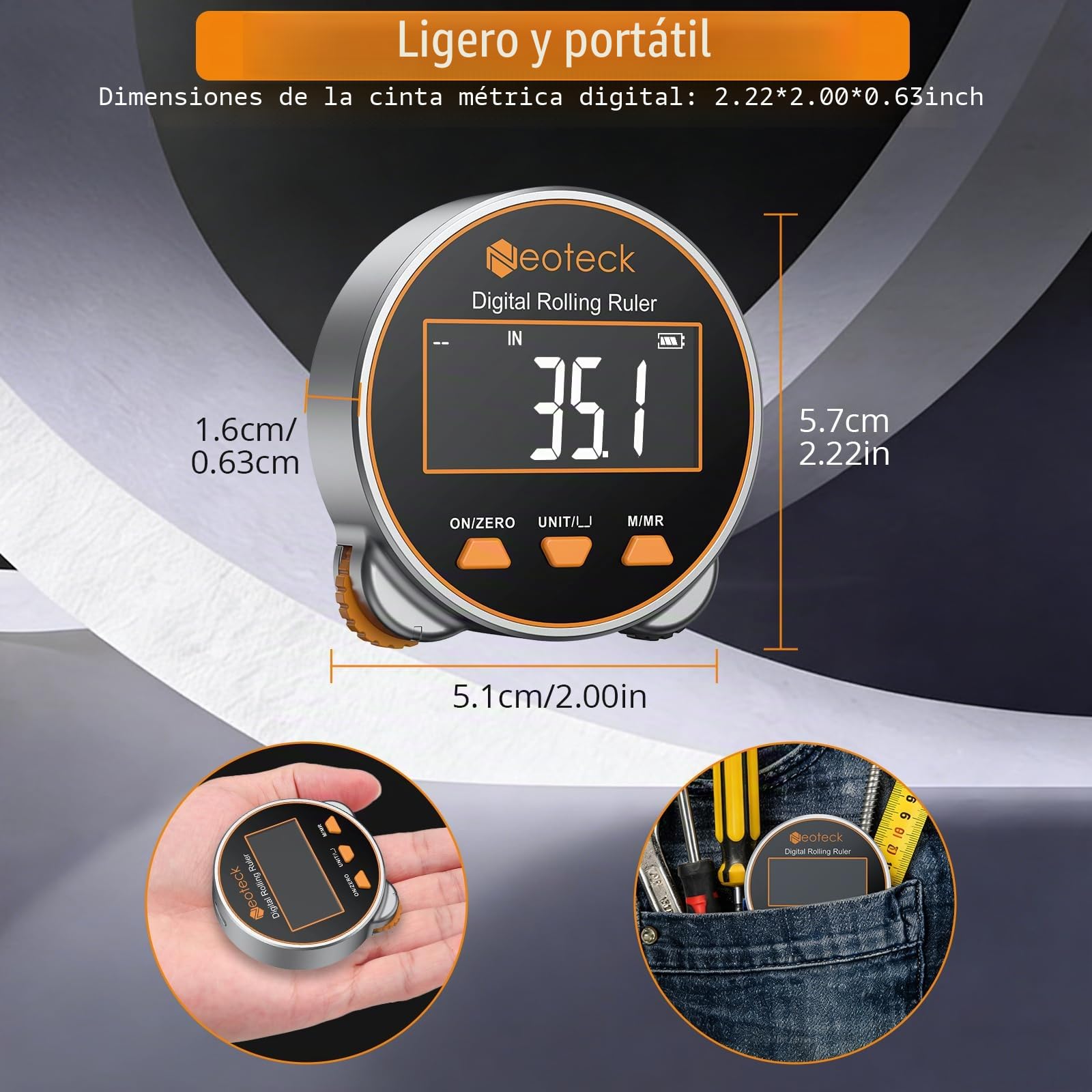 Neoteck Cinta Métrica Digital 656Ft/200M Regla Rodante Electrónica con Pantalla LCD y 5 Modos de Referencia Regla Digital Recargable para Medir Superficie Plana, Curva, Diámetro y Forma Irregular