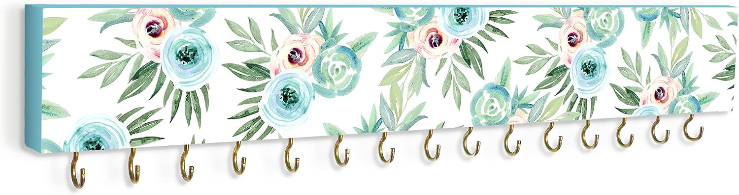SANY DAYO HOME Wall Mounted Necklace Holder 16 x 3 inches Wood Hanging Jewelry Organizer with 15 Hooks for Necklaces, Girl Hair Bows, Bracelets - Elegant Rose