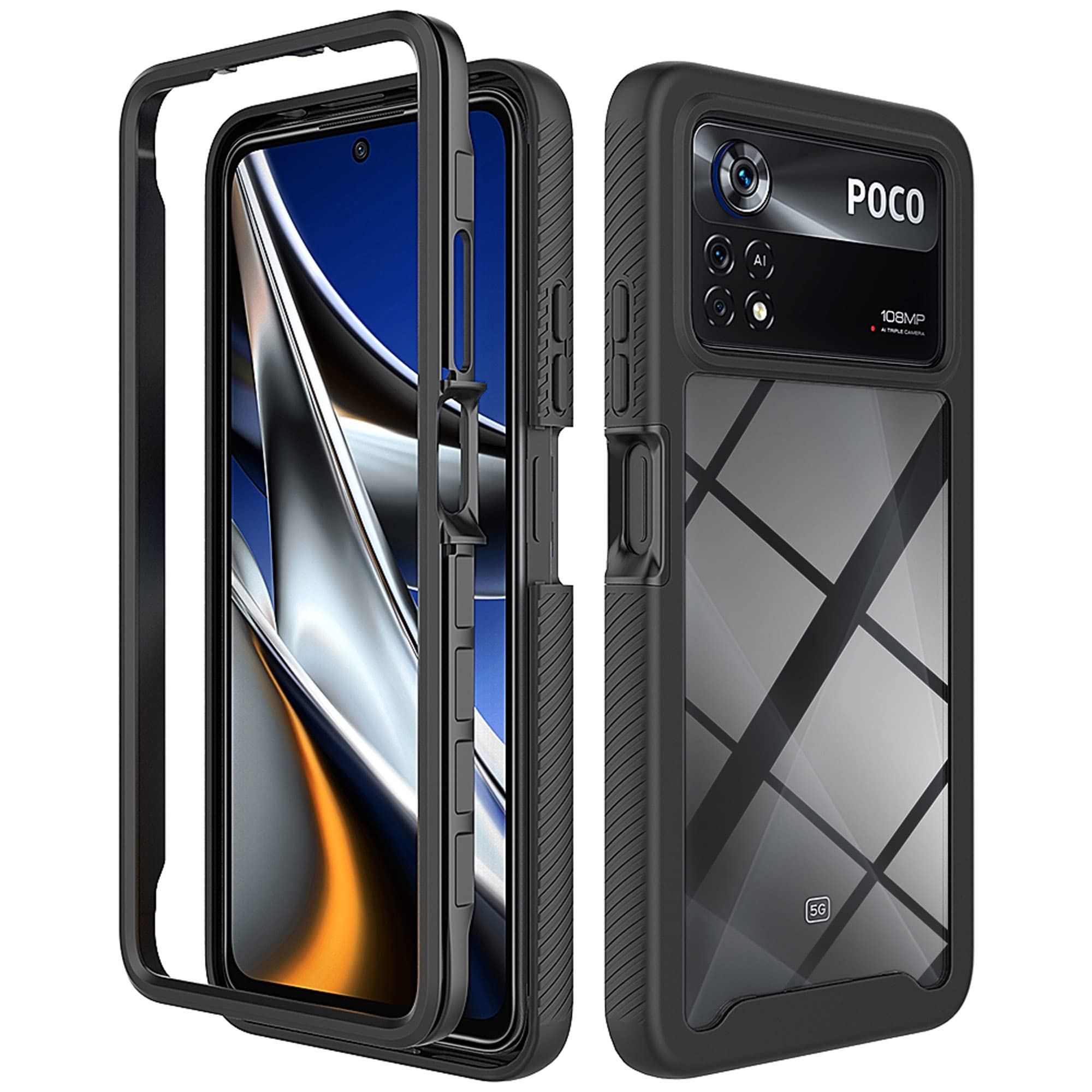 Xiaomi Poco X4 Pro 5G Clear Case, Silicone & PC Hybrid Full-Body Armour Built-in PC Bumper Frame Multi-layer Military Grade Heavy Duty Shockproof Cover, Black