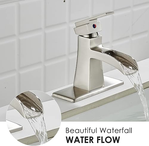 Miniatura 10 de Grifo de baño dorado cepillado de un solo agujero, moderno grifo de lavabo de baño de cascada, grifos de tocador de baño de una sola manija con