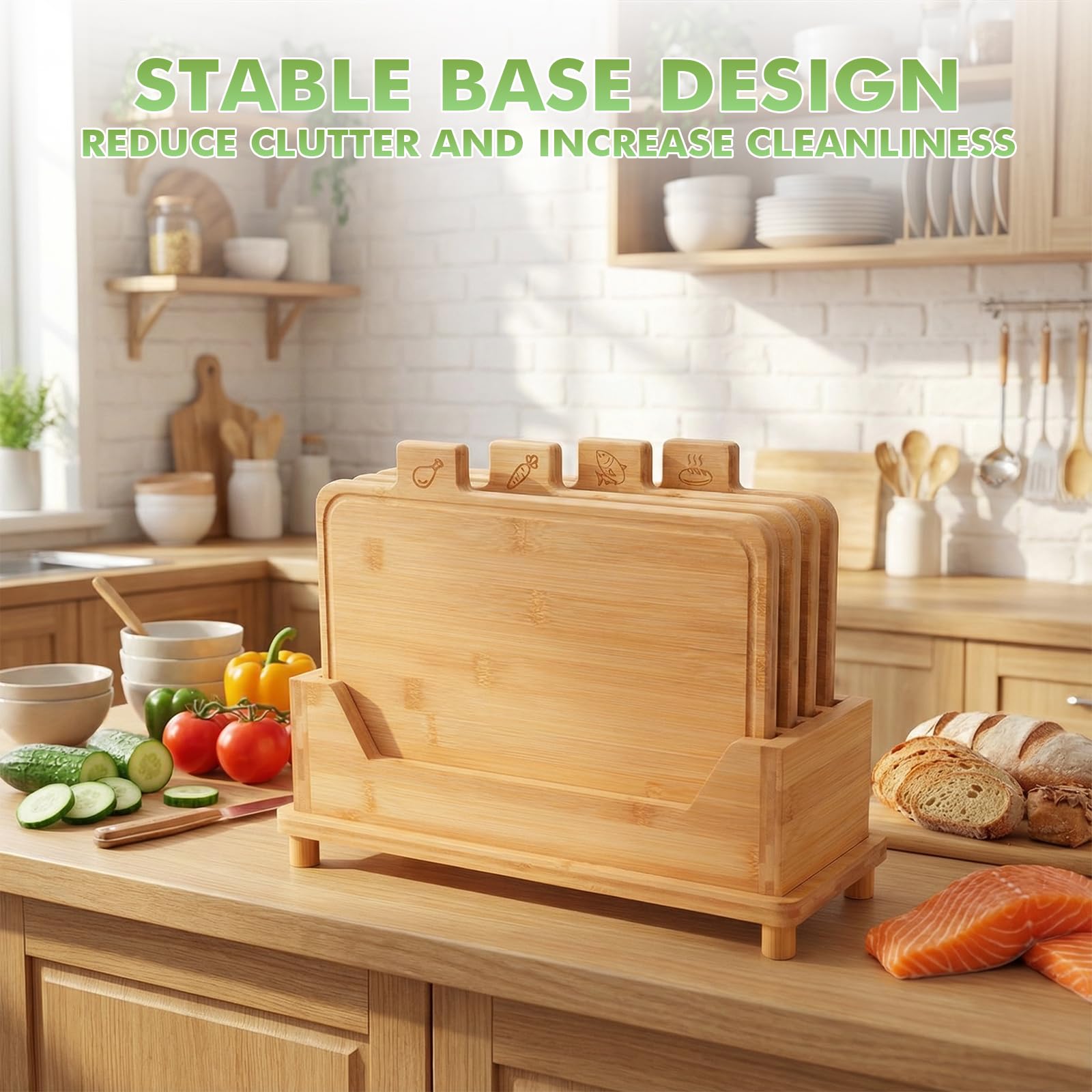 Set di 4 taglieri grandi in bambù, con supporto, con icone del cibo e scanalatura per succhi, ideale per carne, pesce, pane e verdure