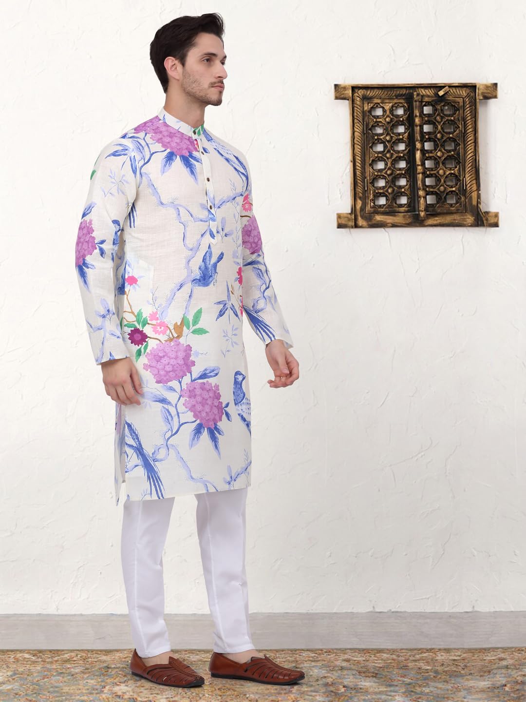 Jompers Men's Blue Animal Printed Pure Cotton Straight Kurta Pyjama Set. (Blue, L)