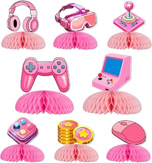 Pink Game Table Decor 8Pcs Video Game Honeycomb Centerpieces Teen Gaming Table Decor Fluorescent Event Decor Teen Gaming Level Up Supplies for Girl Birthday Bridal Shower Baby Shower