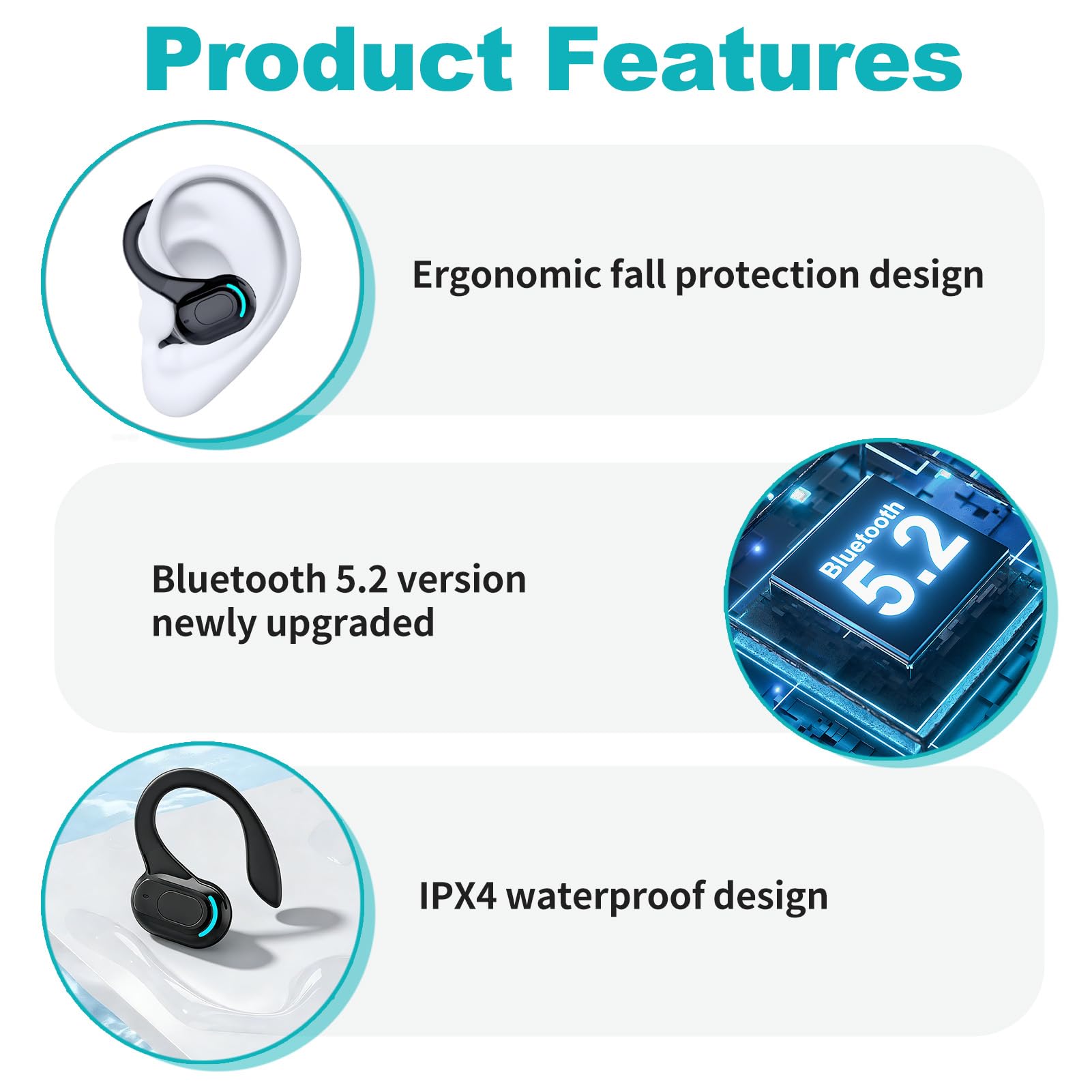 Auricolare Bluetooth Mono senza fili V5.2, microfono integrato a mani libere orecchio, 70 mAh, fino a 20 ore di riproduzione, design a 360° sopra l'orecchio, uso casco wireless per iPhone, Android e