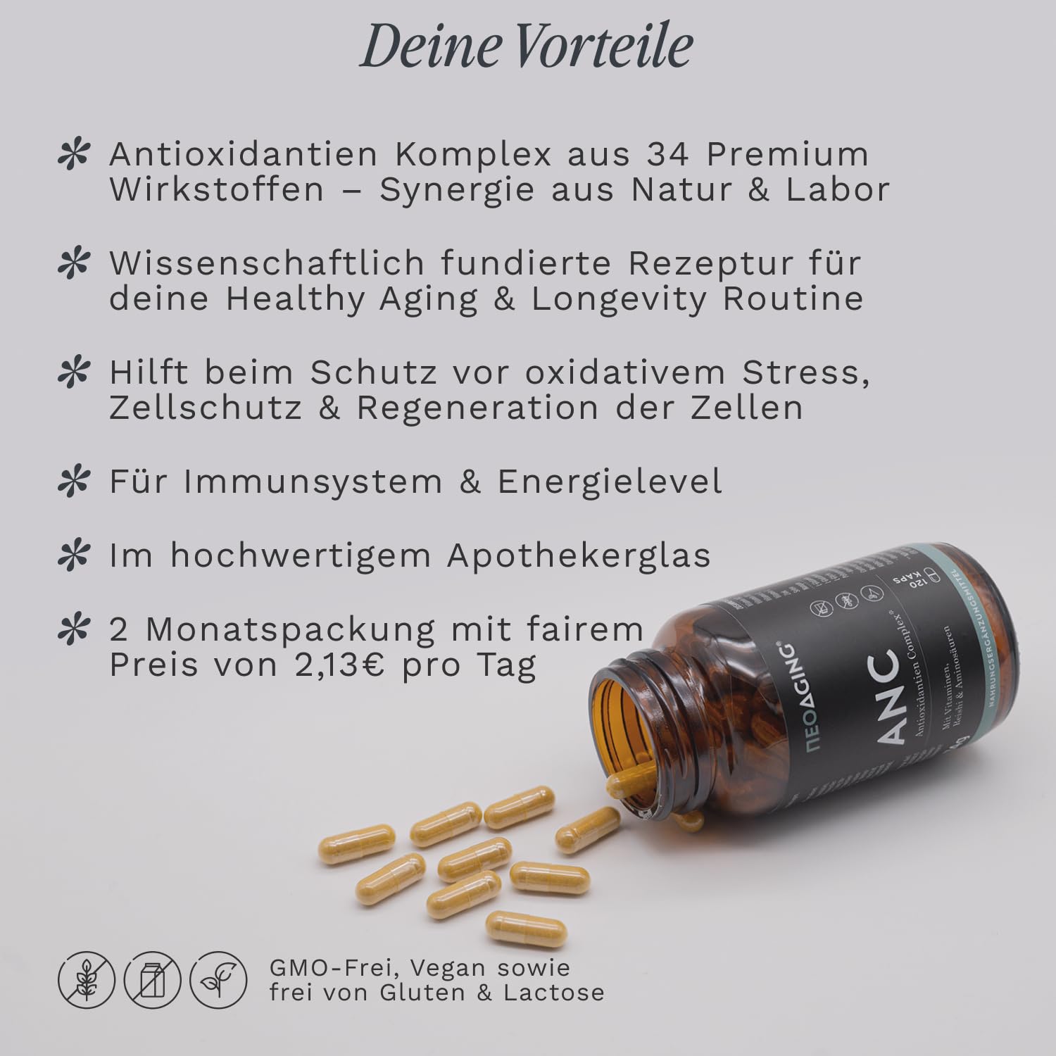 NEOAGING Antioxidantien Complex - Komplex mit über 25 Inhaltsstoffen - mit Quercetin, Reishi, MSM, Glycin, Resveratrol & Curcumin - vegan & ohne Zusatzstoffe - Vorratspack mit 120 Kapseln