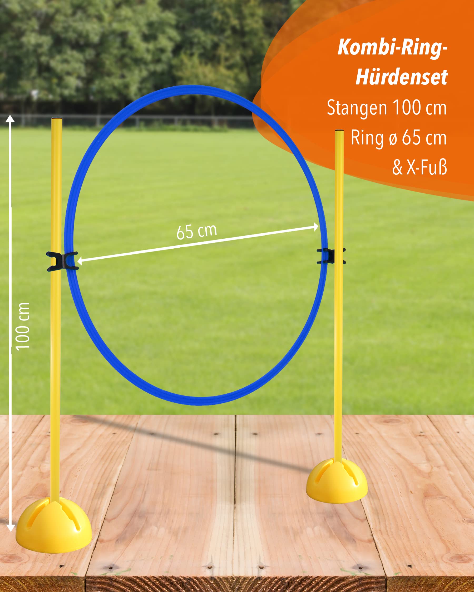 Kombi-Ring-Hürdenset – Ring ø 70 cm & Stangen 100 cm – Training der Sprungkraft & Koordination – mit befüllbarem X-Standfuß – Agility-Hürde für Fußball, Leichtathletik & Hundesport