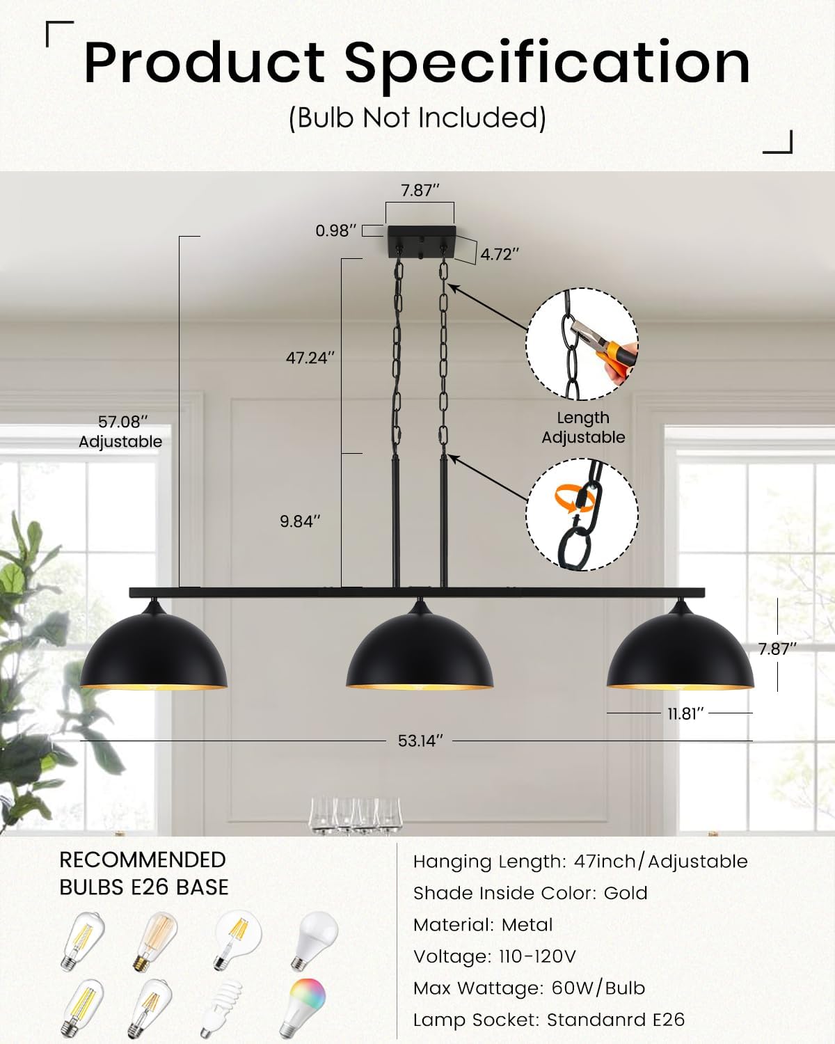 3-Light Island Light for Kitchen, Farmhouse Industrial Dining Room Light Fixture, Black Dome Kitchen Island Lighting, Modern Hanging Pendant Lights Kitchen Island, Dining Room, Bar, Cafe