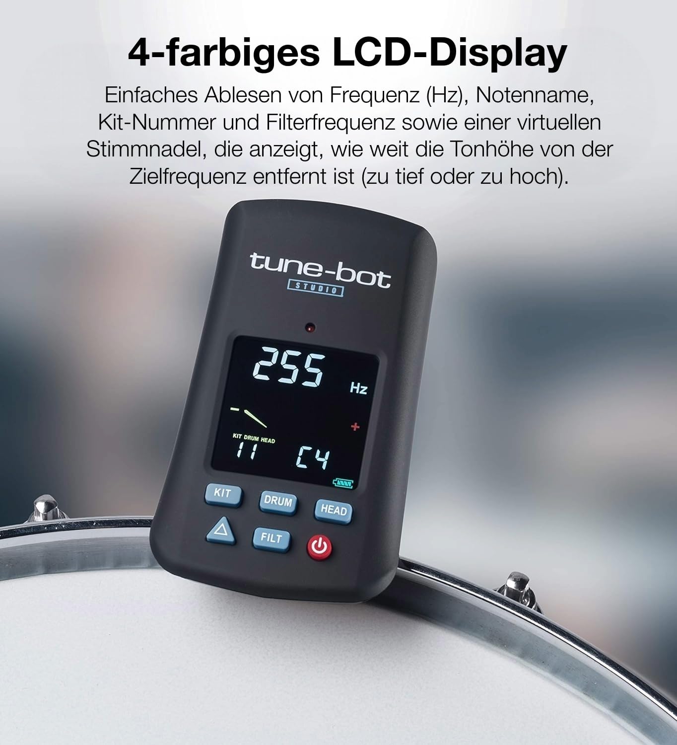 Overtone Labs Tune-Bot Studio TBS-001 Digitales Schlagzeug-Stimmgerät mit Clip, Frequenz- & Tonhöhenmessung, Speicherfunktion für 5 Drumkits, LCD-Farbdisplay, inkl. Etui