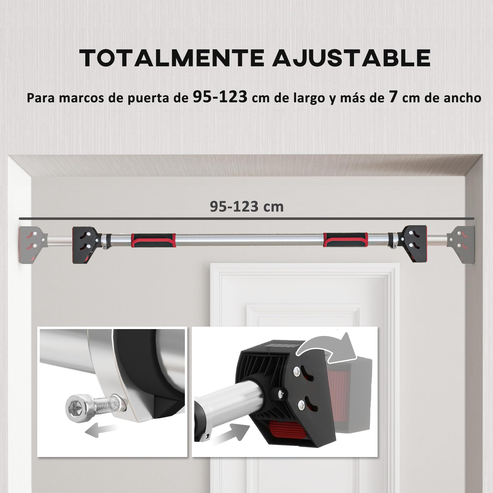 SPORTNOW Barra de Dominadas para Puerta Barra para Hacer Dominadas Ajustable de 95 cm a 123 cm Carga 200 kg para Ejercicio y Entrenamiento en Casa Gimnasio Negro y Rojo