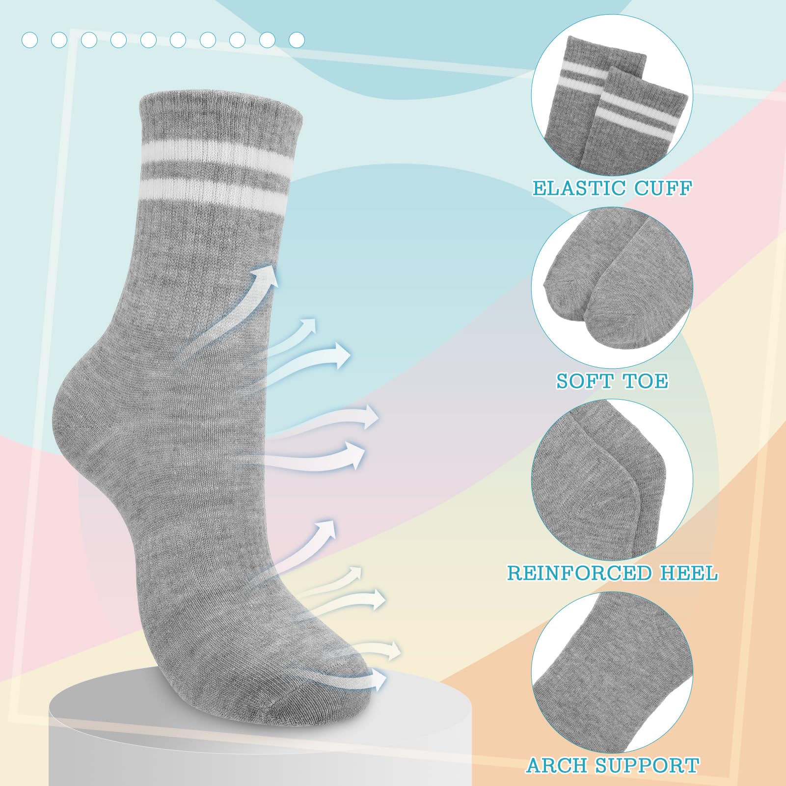 Utensilsto Lot de 9 paires de chaussettes de tennis pour femme 37-42 - Chaussettes de tennis en coton avec rayures pour femme