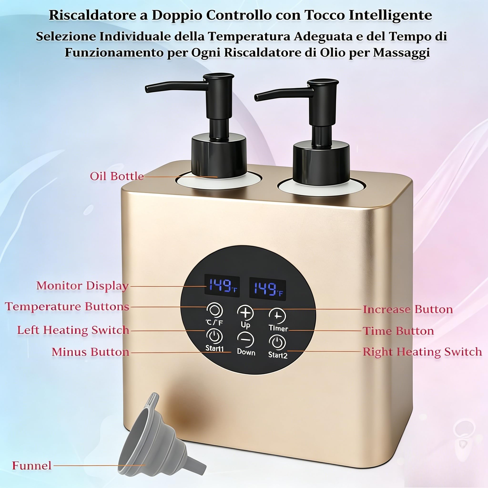 Professionale Scalda Olio da Massaggio Doppio, Scaldolio con 4 Bottiglie + 2 Imbuti, Temperatura Regolabile 30–65°C e Timer 0,5–24H per Spa,Salone e Uso Domestico