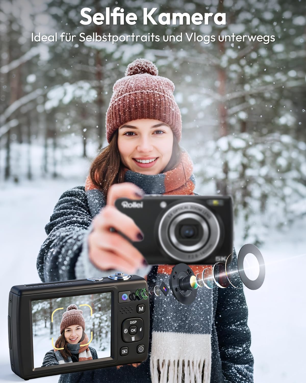 Rollei Powerflex Digitalkamera Compact 5X Optisch Zoom (Touchscreen) 64MP 5K Fotoapparat mit Dual-Kamera AutoFocus Fotokamera Tragbar Kompaktkamera Schwarz, Digital-Kamera-Fotoapparat-Camera