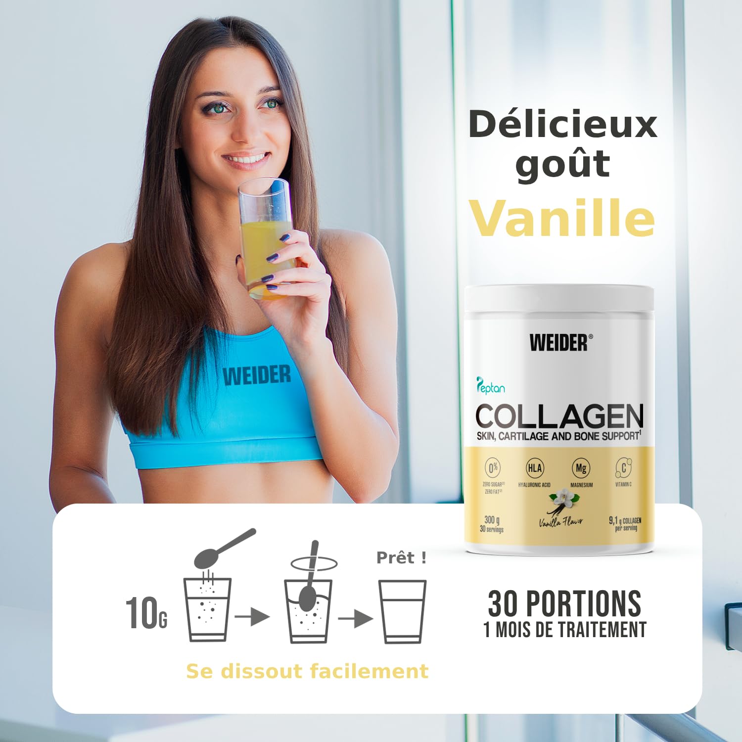 Weider Collagen PACK DUO (2x300g) Goût Vanille. Peptides Collagène Hydrolysé type I en Poudre 100% Peptan avec Acide Hyaluronique, Magnésium, Vitamine C, Sans Sucre, Pour Peau, Cartilage, Os, Cheveux