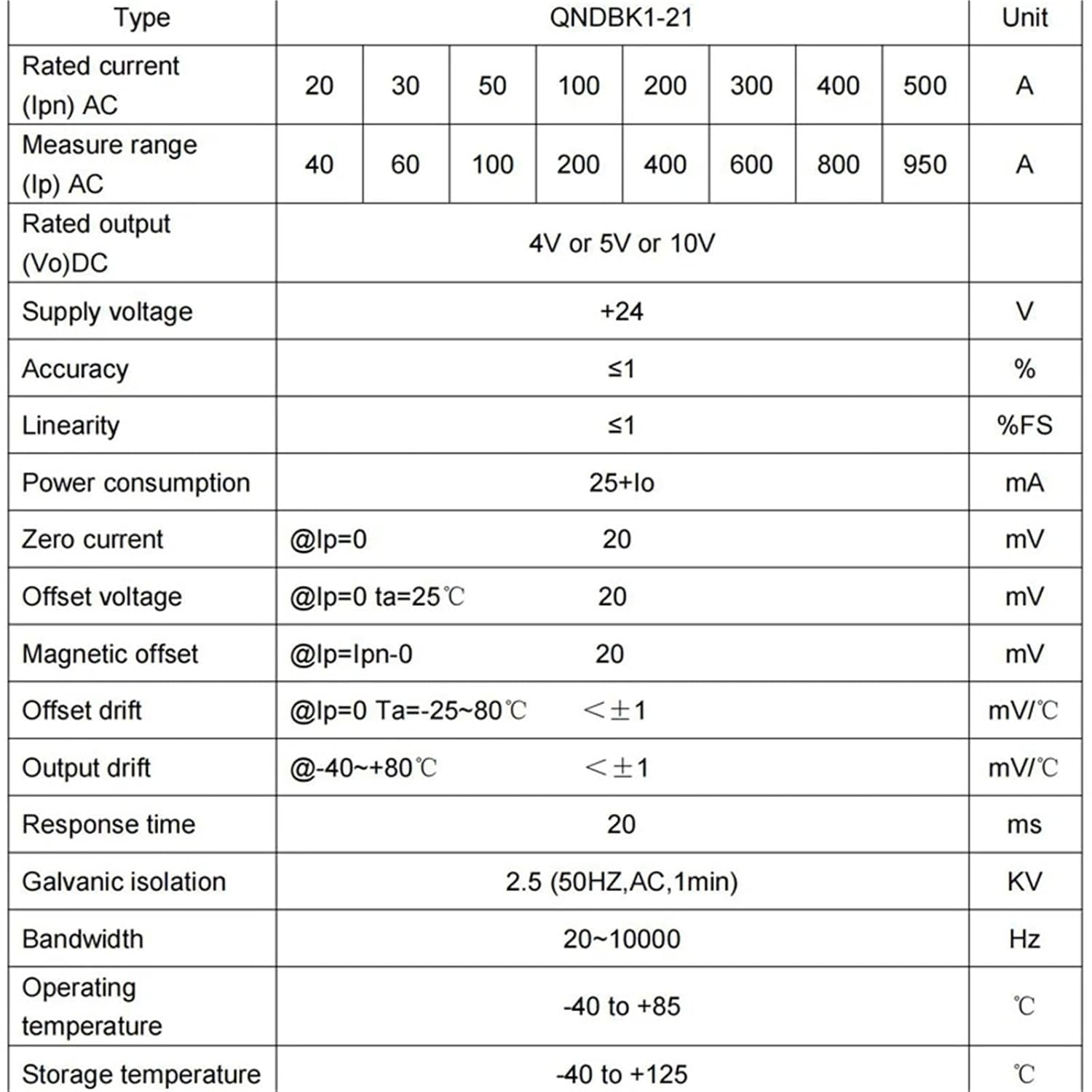 Split Core Current Transducer QNDBK1-21 10A 20A 30A 50A 100A 200A 300A DC0-10v 24V Hall Effcet Sensor Transmitter 1Pcs(AC 50A)