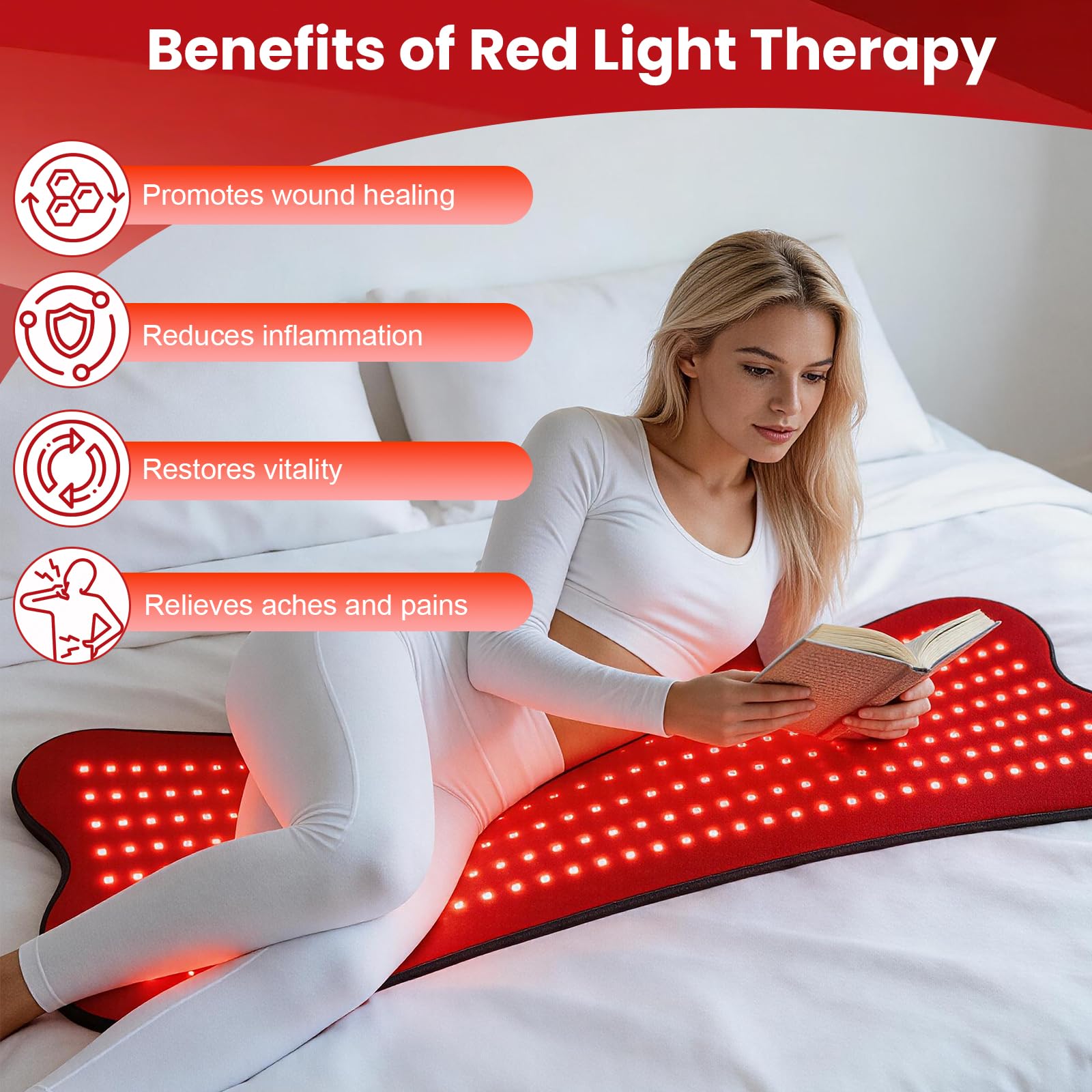Esterilla de luz roja para cuerpo con 210 ledes, 80 x 35 cm / 80 x 36 cm, 660 nm y 850 nm, luz roja e infrarrojo cercano, 5 niveles de brillo, 5 y 9 ajustes de tiempo, adecuado para piernas, espalda