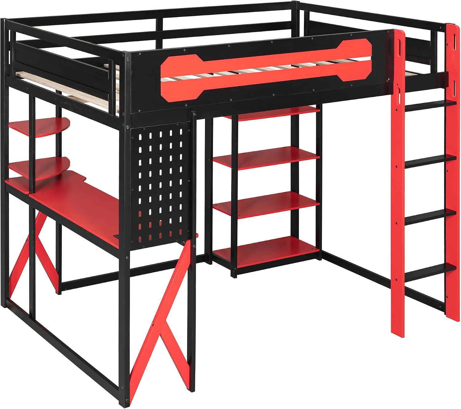 Merax Wood Loft Bed with Desk, Shelves, Power Outlet & USB/Type-C Ports, and RGB Light, Full Size, Black+Red