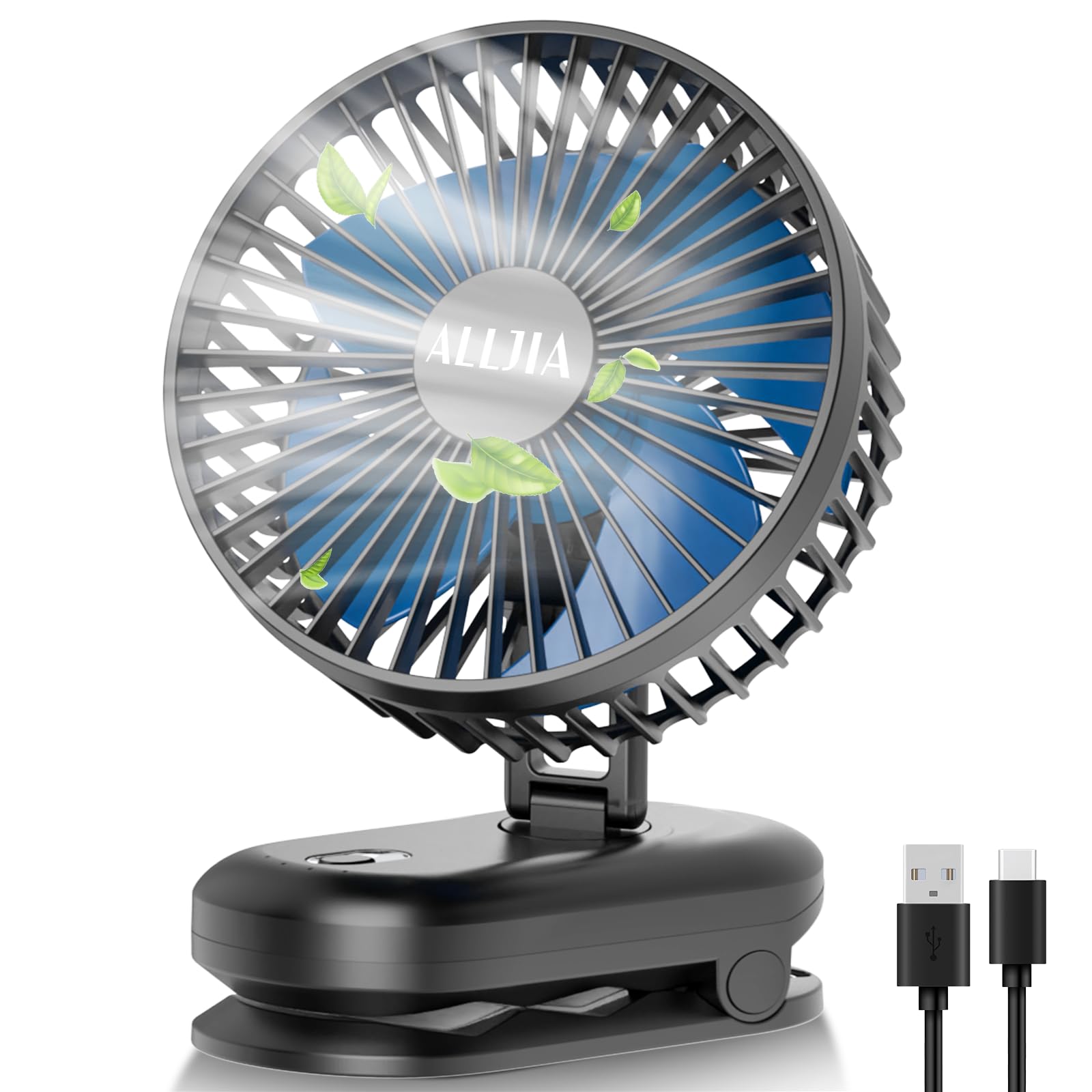 Alljia Oscillating Desk Fans with Clip - 25dB Quiet Powerful Cooling Bed Fan(Max 20hrs), Foldable USB Clip Fan 4 Speed Desktop Portable Fans for Office Kitchen Stroller Camping, H 7.5" [Energy Class A+]