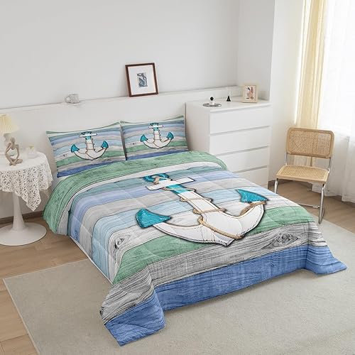 Miniatura 2 de Erosebridal Juego de edredón de 2 piezas con diseño de ancla de lago, estilo grunge, vida marina vintage, tablones de madera, rústico, náutico,