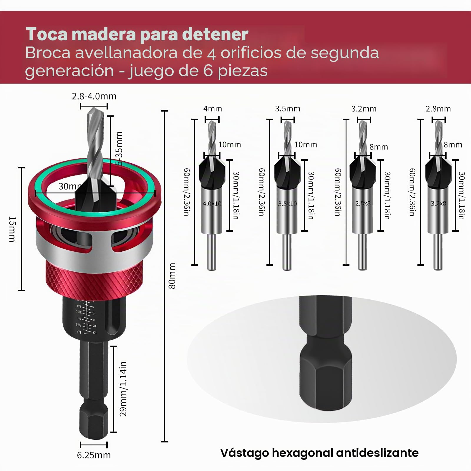 Broca Avellanadora Madera Taladro Avellanador con Tope de Profundidad, Diámetro de 2,8, 3,2, 3,5, 4 mm, Orificios Precisos, Para Procesamiento de Madera, Perforación