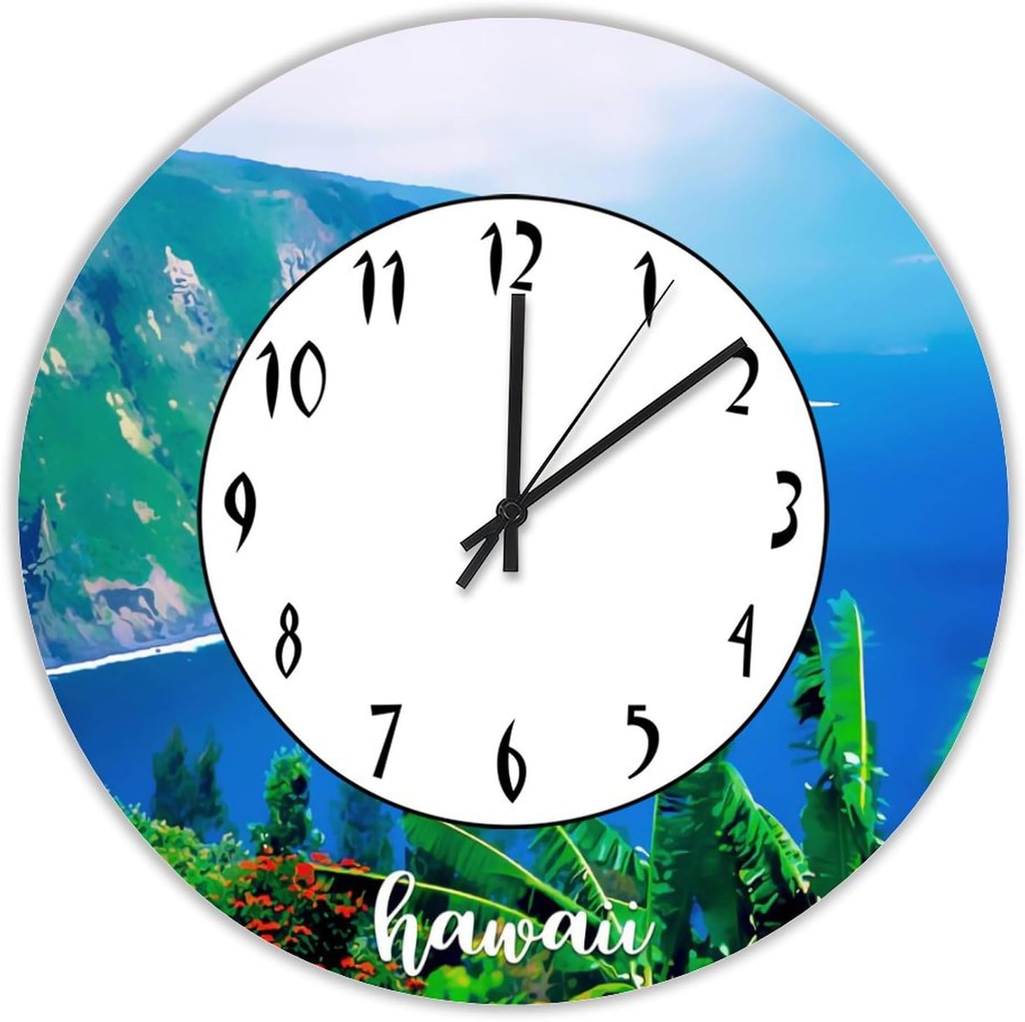 Wood Wall Clock American Hawaii Hanging Clock Hawaii Natural View 15in Silent Non-Ticking Battery Operated Wall Clock Decorative for Office School Kitchen Bedroom Living Room