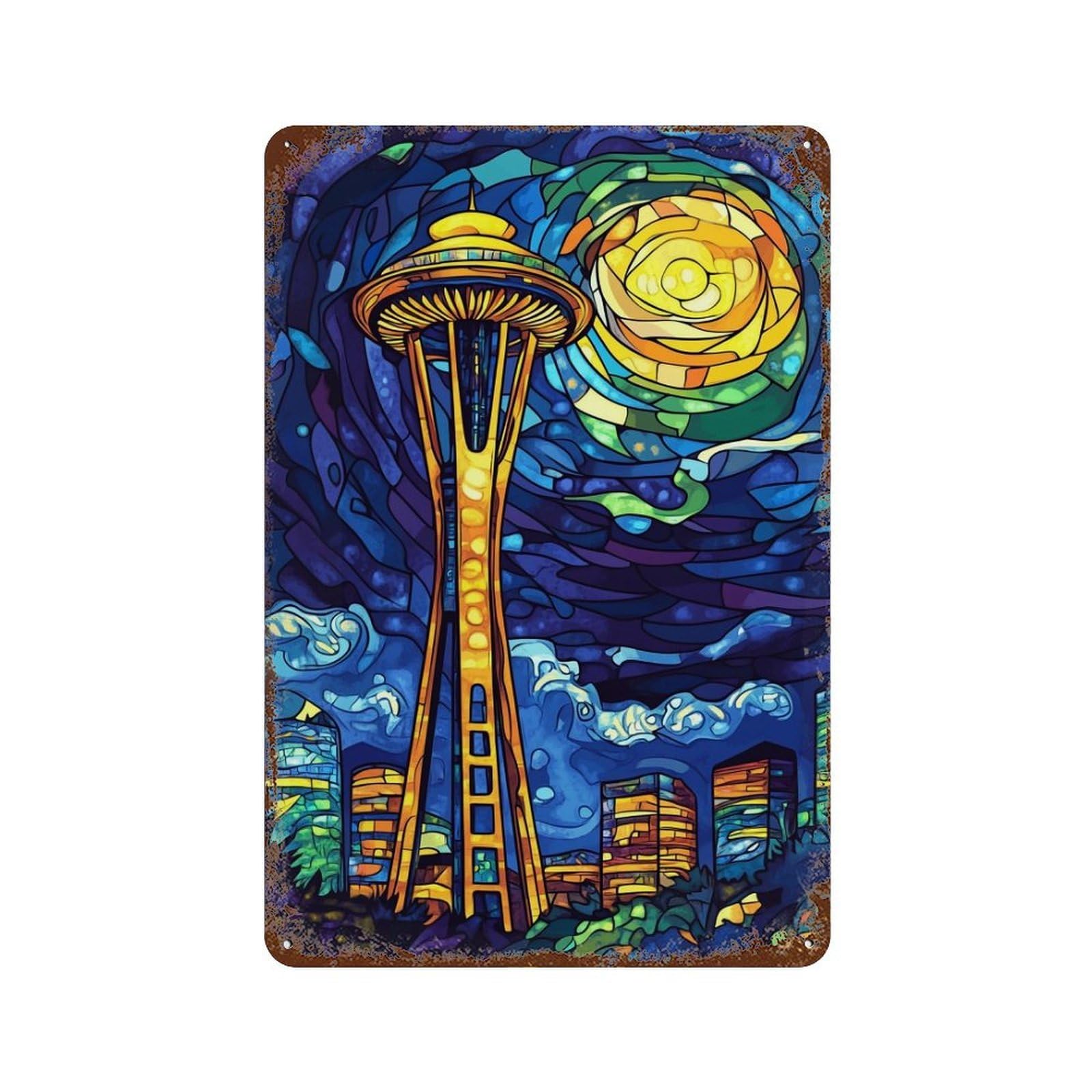 Stained Glass Seattle Skyline 11.8"x7.9" Vintage Rust Metal Sign, Shabby Chic Decor for Cafe, Home Bar And Lounge Decor