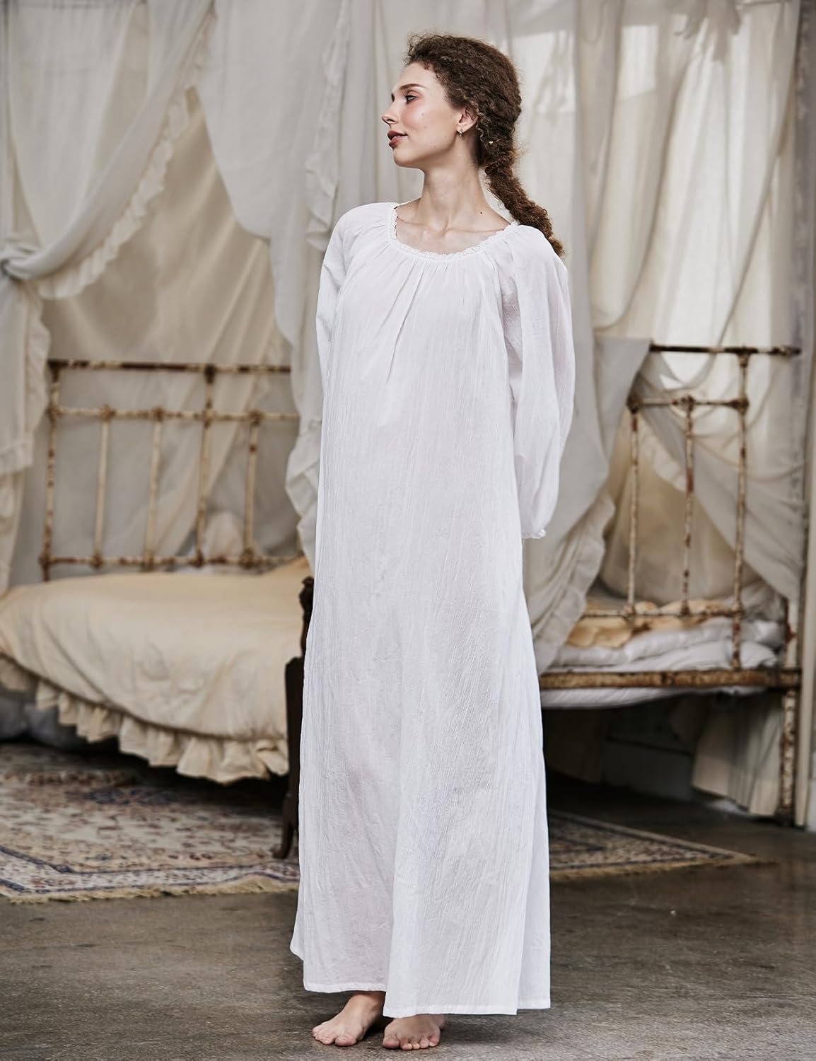 Victorian Crepe Cotton Nightgown for Women Long Sleeve Ankle-Length Sleep Dress with Lace Trim - Image 4