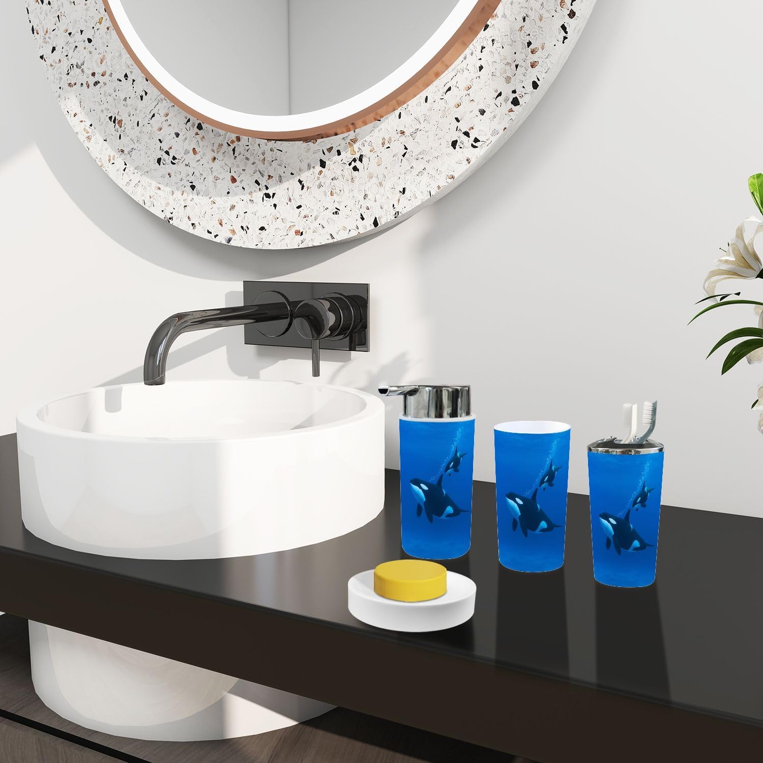 Bathroom Accessory Set 6 Piece Boho Killer Whale orcinus orca Mother Calf Trash Can, Toothbrush Holder, Soap Dispenser, Soap Dish, Toothbrush Cup, Toilet Brush Holder