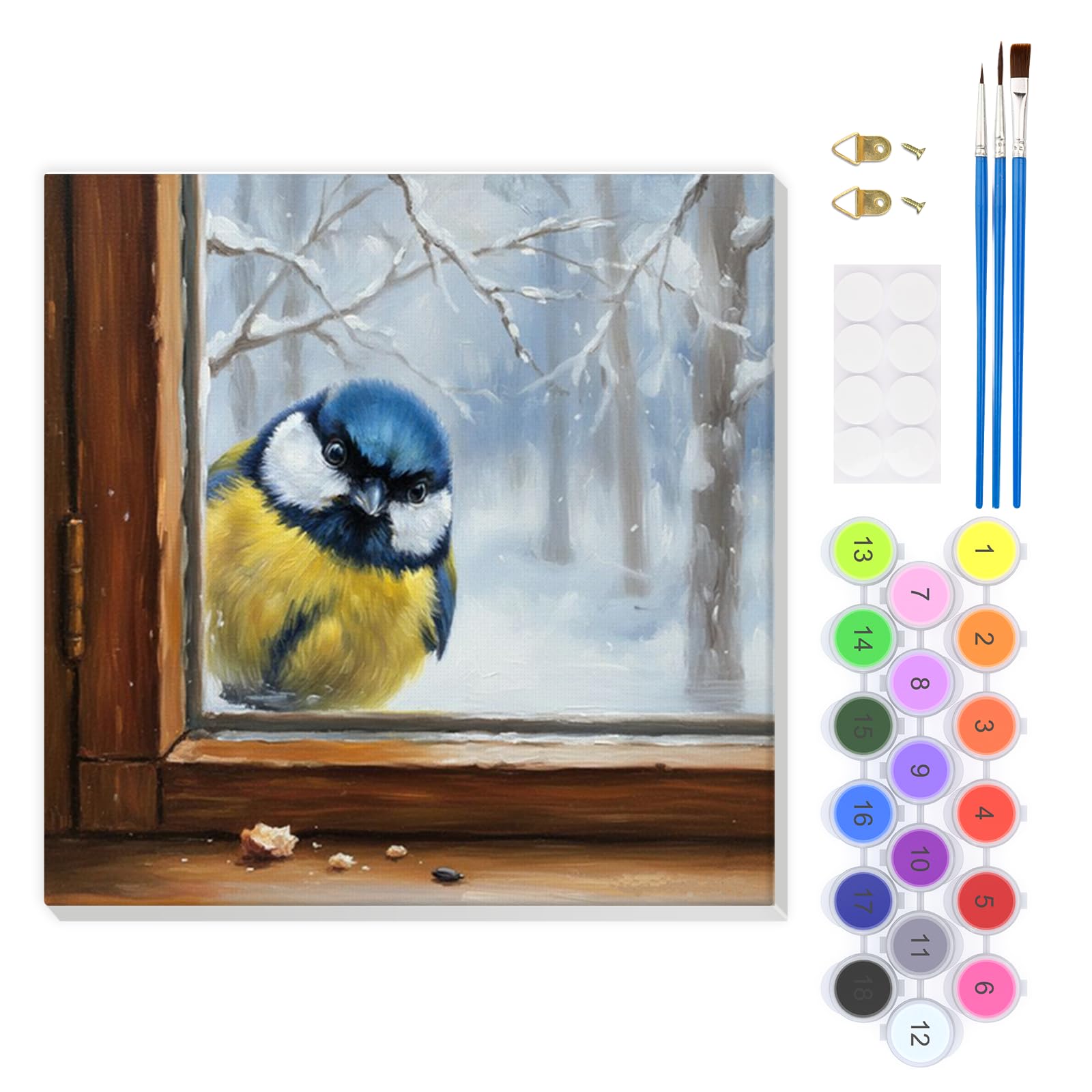 EOBROMD Bird Paint by Numbers for Adults Beginner with Frame, Winter Paint by Numbers Kits, Painting by Numbers Window on Canvas, DIY Acrylic Painting Kit Art and Crafts for Home Wall Decor 8x8inch