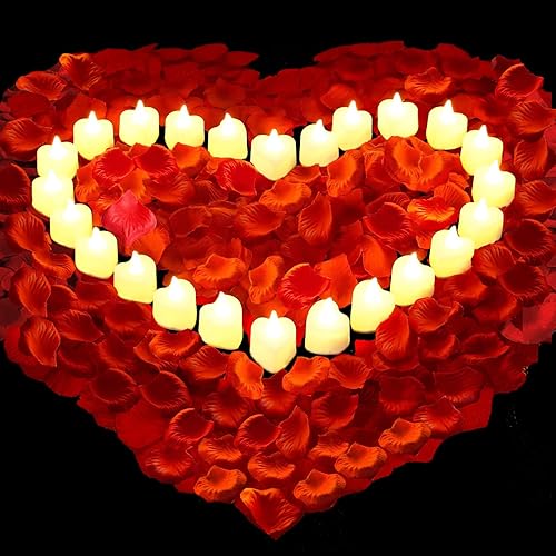 Miniatura 1 de AUSAYE Decoración de San Valentín, 1000 pétalos de rosa artificiales con 24 velas LED de corazón sin llama, velas de té de Navidad para noche