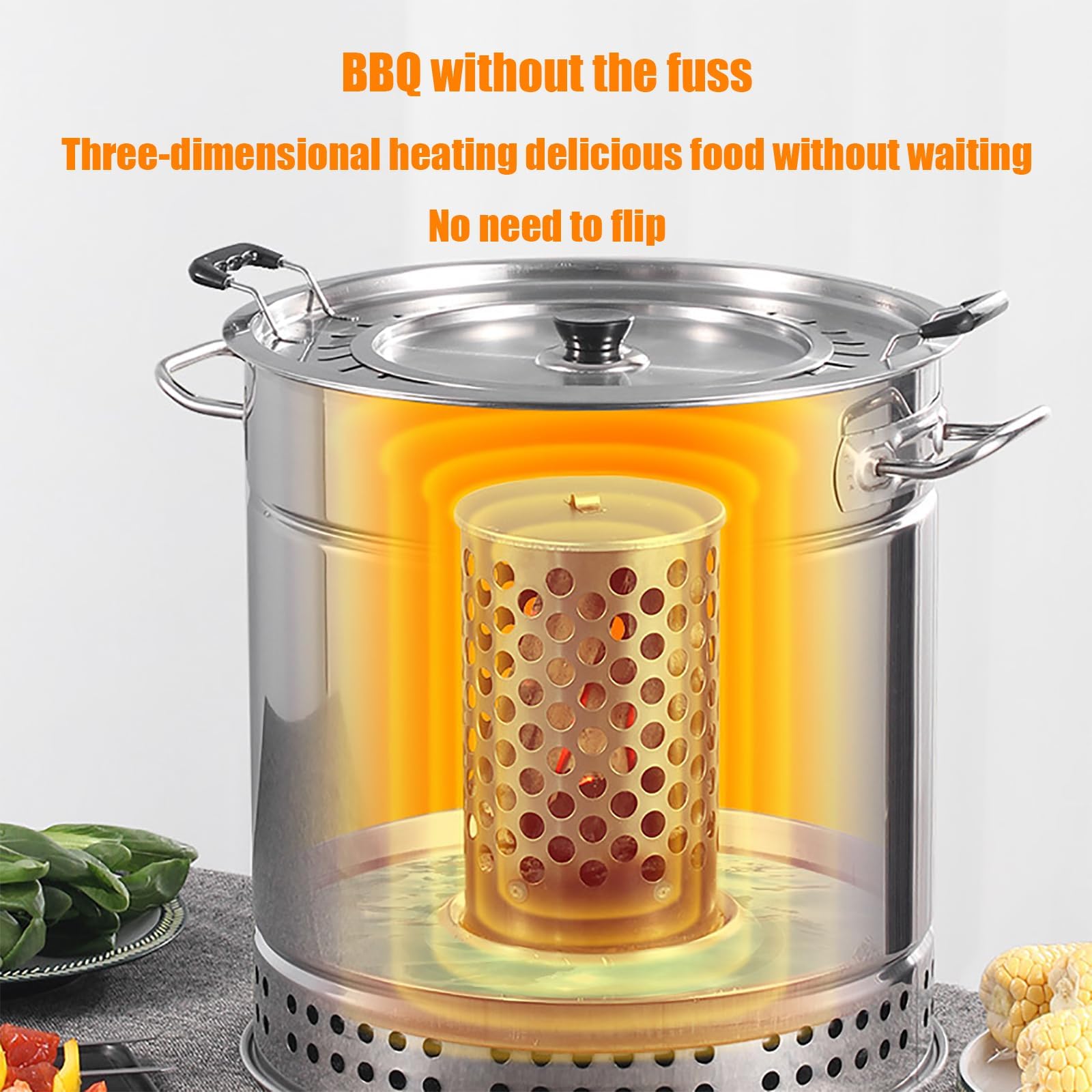 Przenośny grill w beczce, wiszący rożen na 28 szaszłyków | Dwuwarstwowa, automatyczne obracanie o 360°, oddzielna warstwa oleju i węgla, 36x43cm, do patio ogrodowego i kempingowego