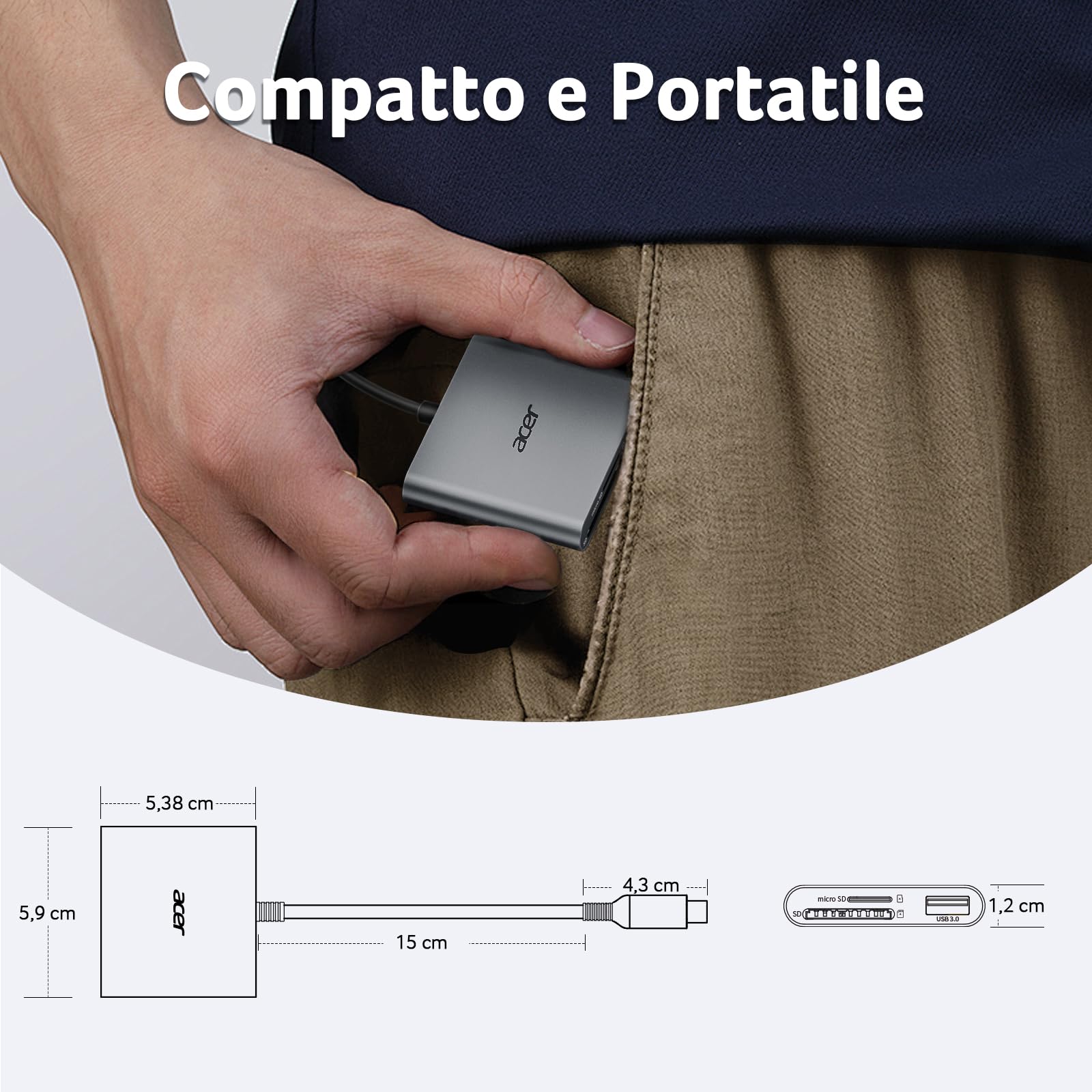 acer Lettore di schede SD con USB 3.0, lettore di schede SD USB C 3.0, Adattatore per SD/Micro SD/SDHC/SDXC/MMC, compatibile con iPhone 16, MacBook Pro/Air, iPad Pro 2021, Pixel, XPS 13, ecc.