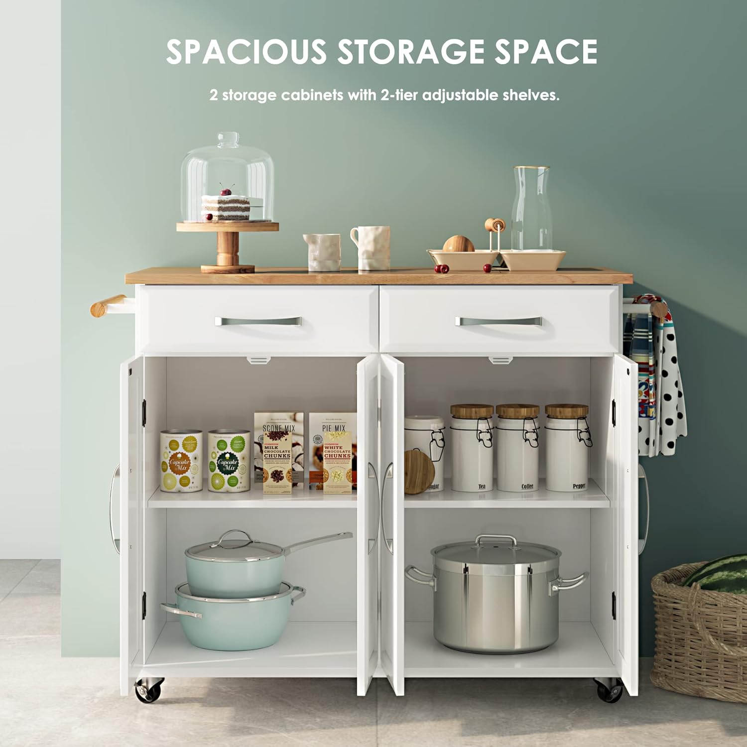 Kitchen Island Cart with Drawers and Large Storage Cabinet, Rolling Kitchen Cart with Adjustable Shelves, Lockable Casters, Rubber Wood Countertop, Easy to Assembly, White : Home & Kitchen