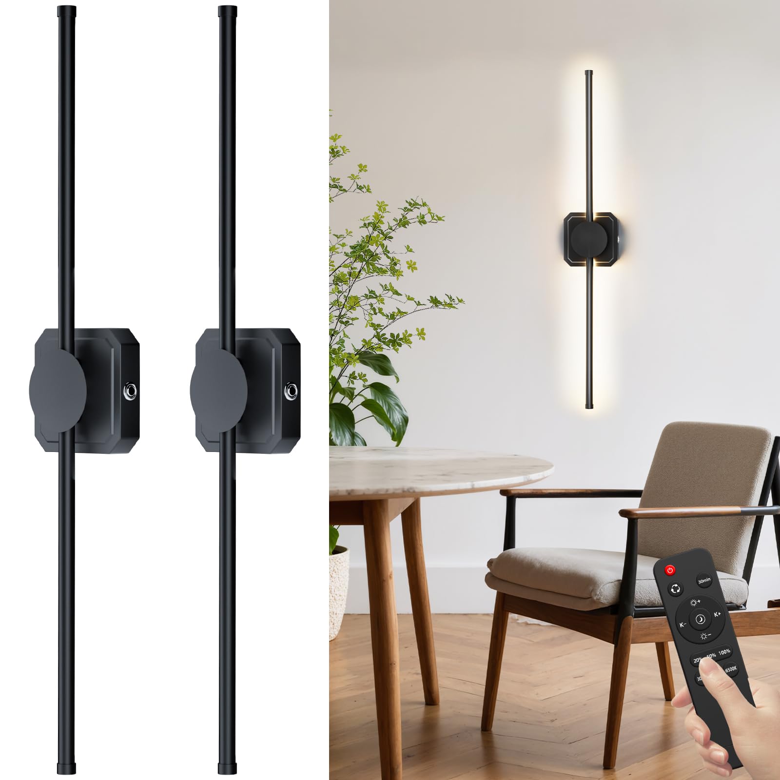 HEERTTOGO Rechargeable Wall Sconce Lights, Battery Operated Wall Lights with Remote Control Black 72CM, Picture Lights for Wall, Modern for Living Room & Bedroom, 2 Pack [Energy Class E]