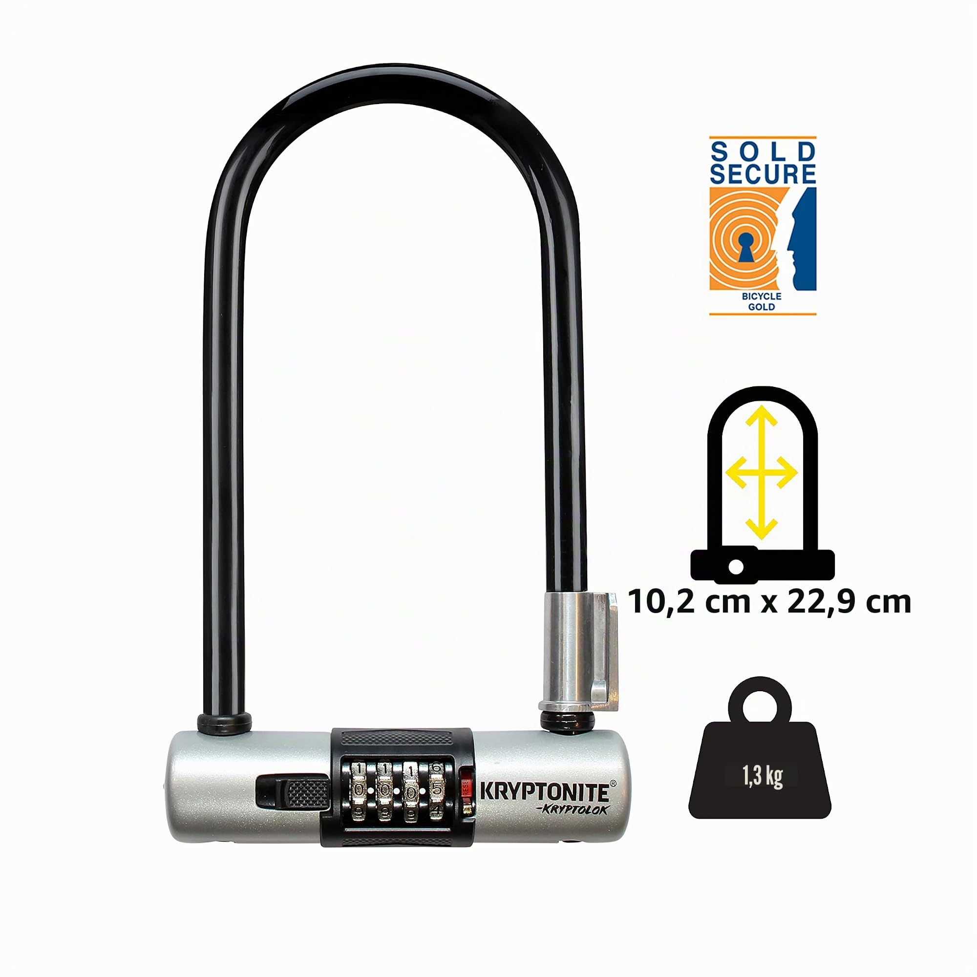 Kryptonite Kryptolok Combo Bügelschloss aus gehärtetem Stahl, Sicherheitslevel 6/10, für Fahrräder, 1,32 kg, 10,2 x 22,9 cm | Fahrradschlösser