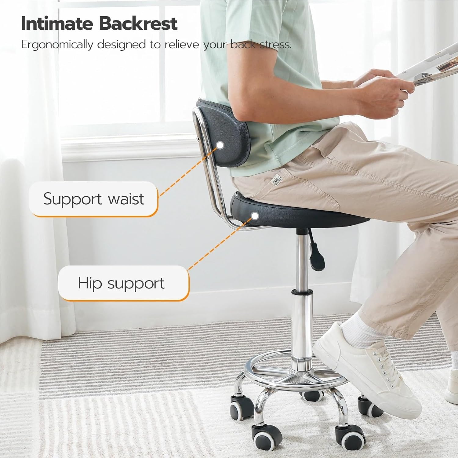 Multi-Purpose Adjustable Rolling Stools Chair Height-Adjustable Caster Stool, 360° Swivel Chair, Multi-Functional Office Desk and