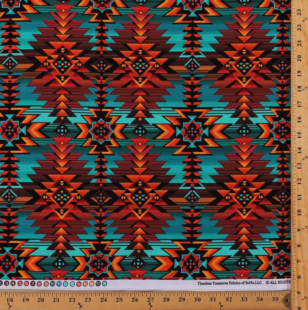 Cotton Southwestern Native American Aztec Tribal Diamond Stripes Southwest Turquoise Rust-Red Brown Geometric Patterned Cotton Fabric Print by The Yard (west-c7510-turq)