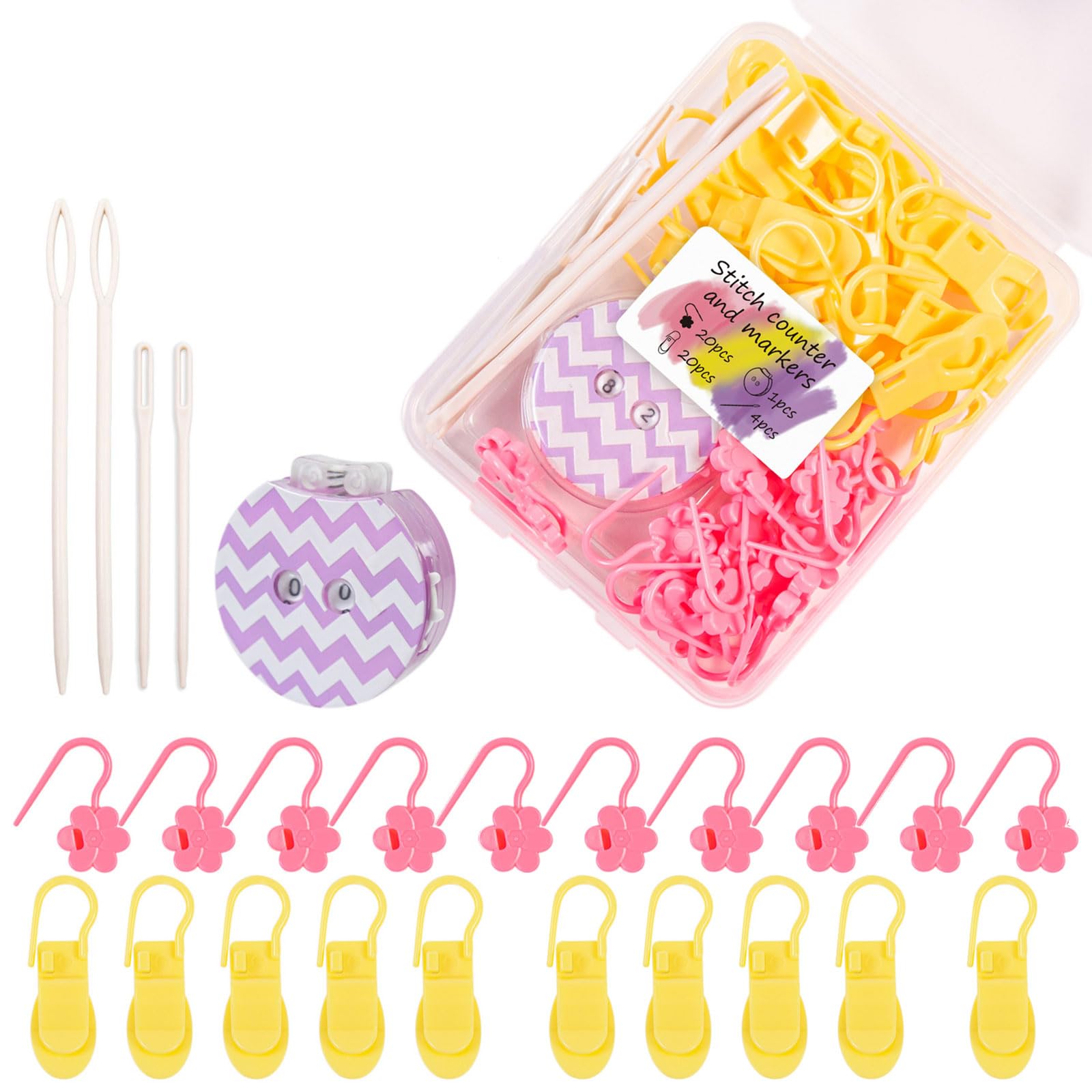 Row Counter and Loop Clip Accessories for Knitting Projects with Locking Clips, Bulb Markers and Yarn Finishing Tools Crochet Loop Clips Knitting Row Counter Yarn Finishing Tools Clear Storage Case