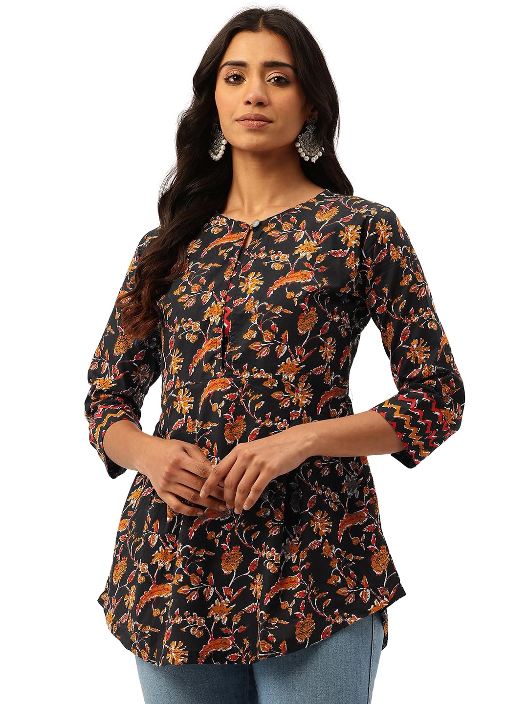 Inner Yoke Short Kurti for Women - Button Detail & 3/4 Sleeves (S-XXL)