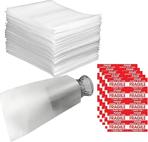 100 bolsas de cojín de espuma de 7.8 x 12.2 pulgadas (0.030 in de grosor) con 10 etiquetas de calcomanías frágiles (60 piezas) protegen platos,