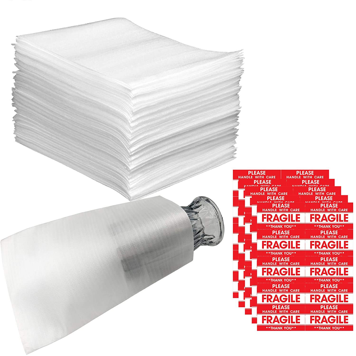 100 bolsas de cojín de espuma de 7.8 x 12.2 pulgadas (0.75 mm de grosor) con 10 etiquetas adhesivas frágiles (60 piezas) protegen platos, vasos, porcelana y artículos frágiles para mudanzas