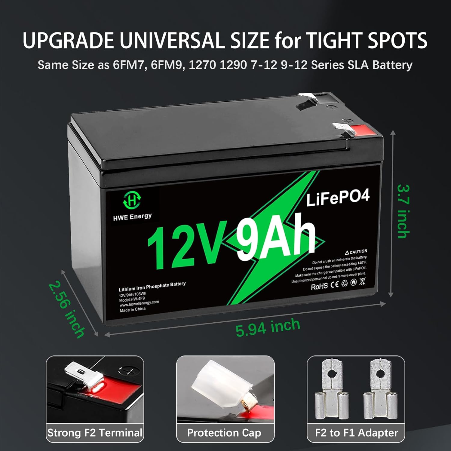 12V 9Ah Lithium Battery, Deep Cycles Rechargeable LiFePO4 Battery 4000+ Cycles 15A BMS Replacement for Alarm System, Fish Finder, Lighting, UPS, Ride on Toys, F1 & F2 Terminal