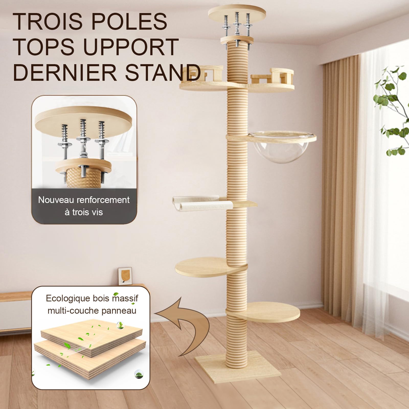 Arbre à Chat Plafond Réglable 300 cm – Grand Arbre à Chat avec Hamac, Niche et Plateformes pour Chats d’Intérieur et Maine Coon