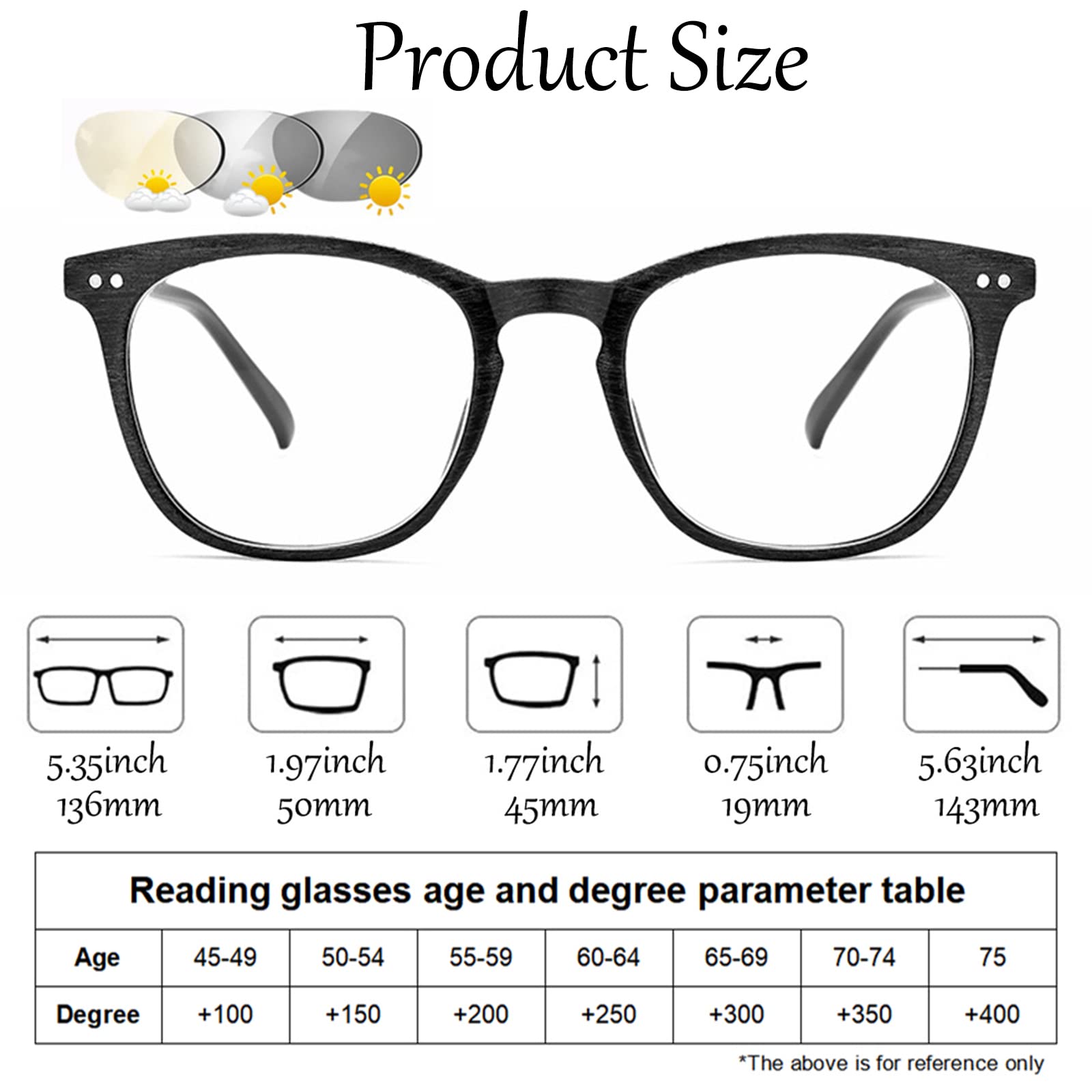 Gafas de Lectura multifoco progresivas Unisex, Gafas de Sol fotocromáticas, Montura de Grano de Madera de imitación Retro, Gafas para Ancianos, 03-+1,00