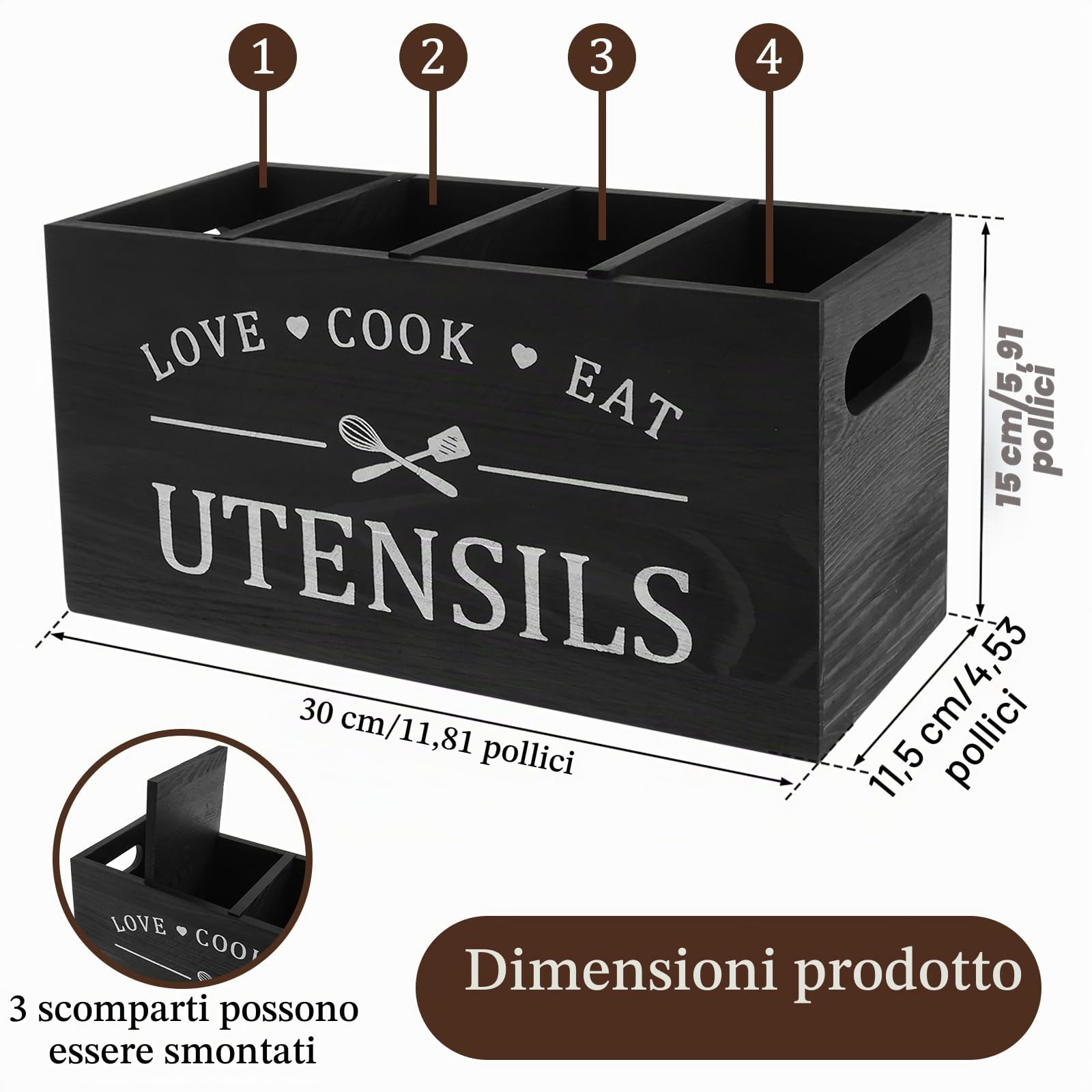 portautensili in legno rustico da cucina, organizer con 4 scomparti e fondo di drenaggio, organizer per posate, organizer per utensili da fattoria (nero)