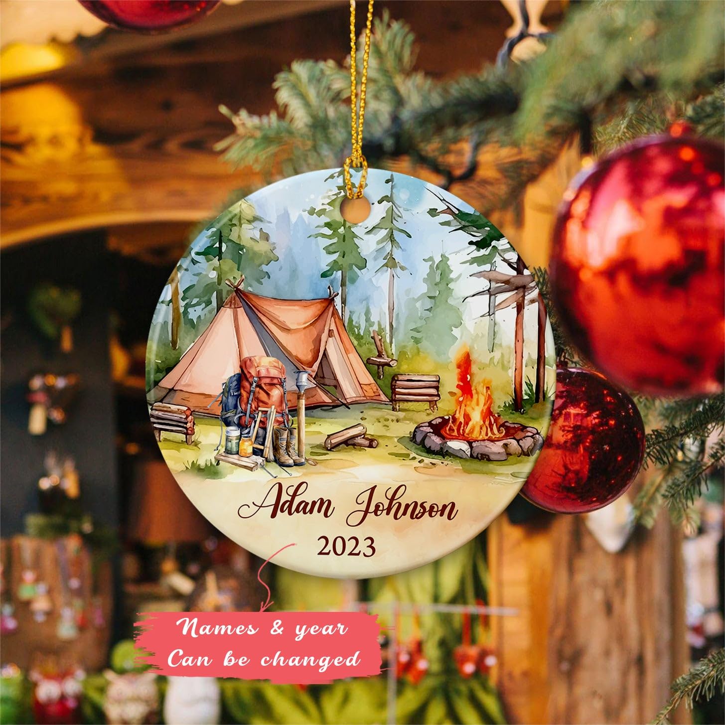 Personalized Camping Ornament 2025 - Custom Name Camp Fire Gift for Christmas Tree Decor, Mountain Camp Lover, Outdoor Camper Xmas Ceramic Ornament